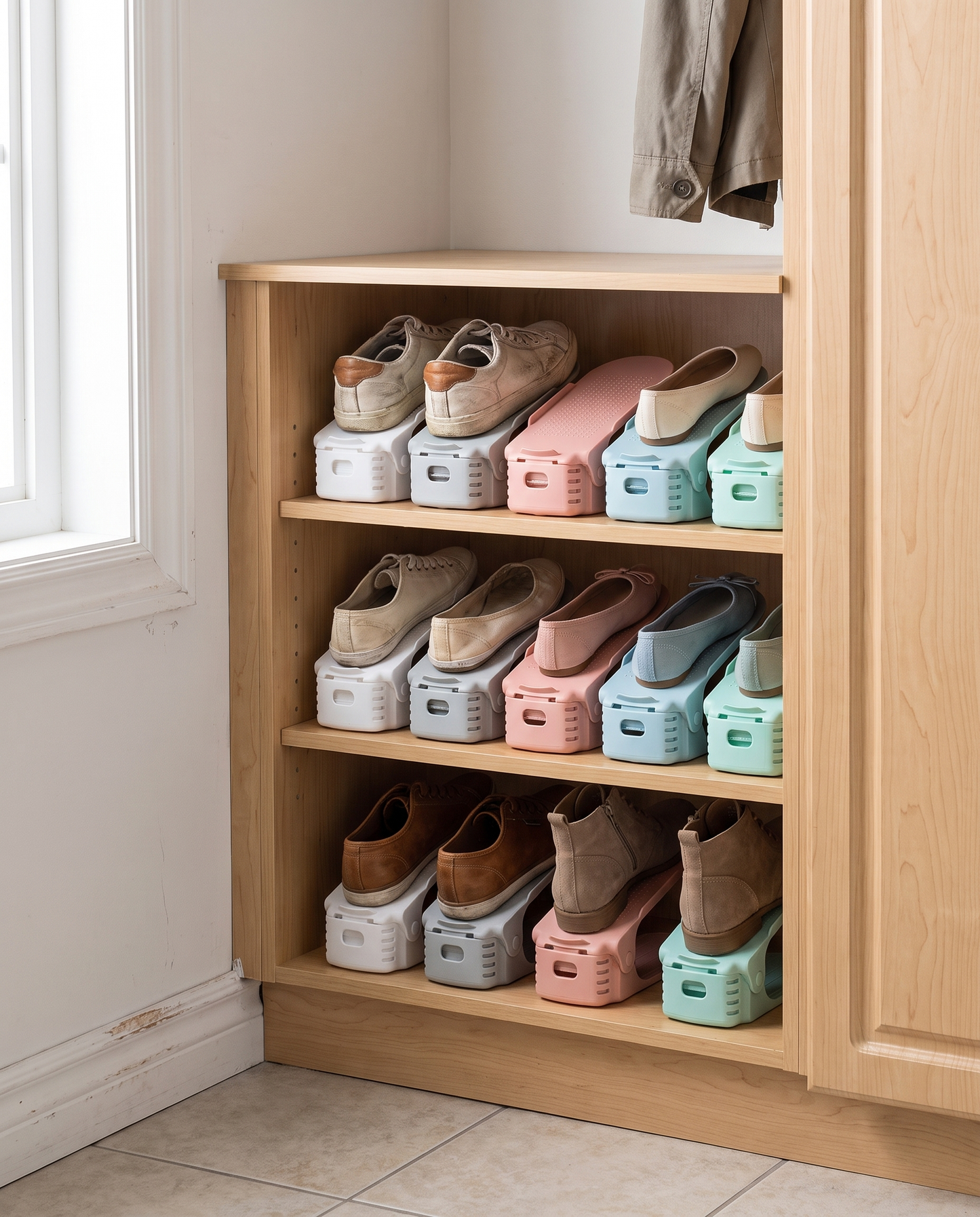 10-Piece Adjustable Shoe Slot Organizers in a practical small-space lifestyle setting
