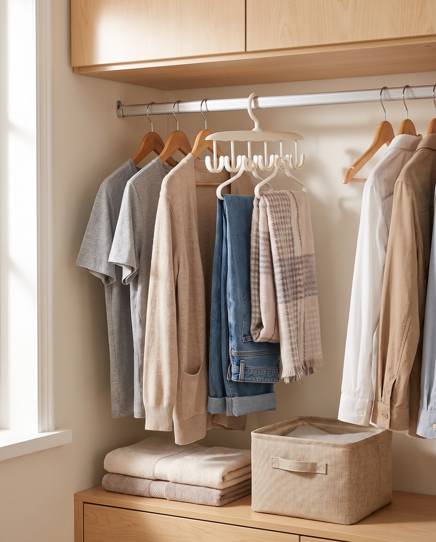 12-Hook Rotating Closet Hanger in a practical small-space lifestyle setting