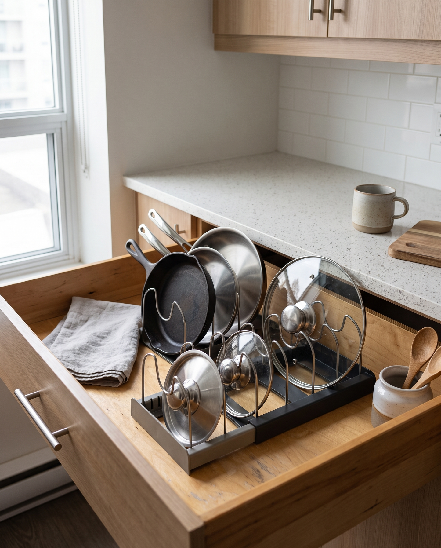 7-Grid Telescopic Pot & Lid Organizer in a practical small-space lifestyle setting