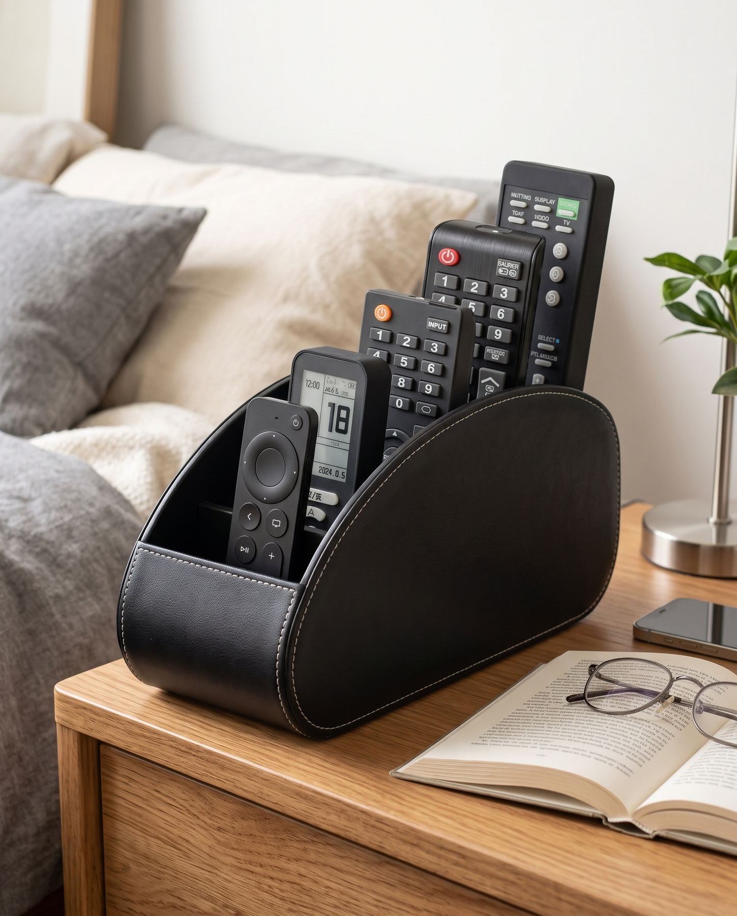 Remote Control & Bedside Organizer Tray in a practical small-space lifestyle setting