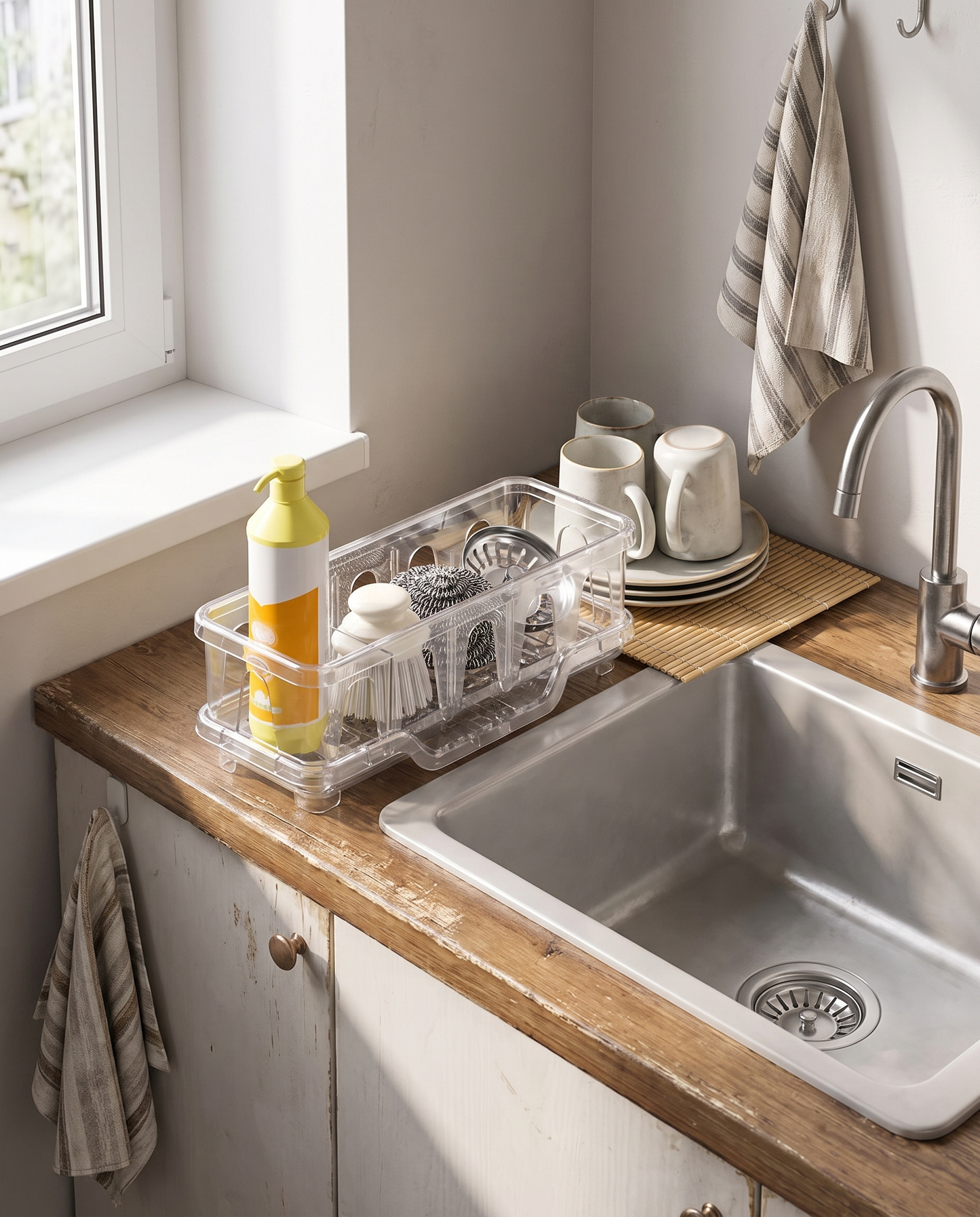 Kitchen Sink Caddy with Drain Rack in a practical small-space lifestyle setting
