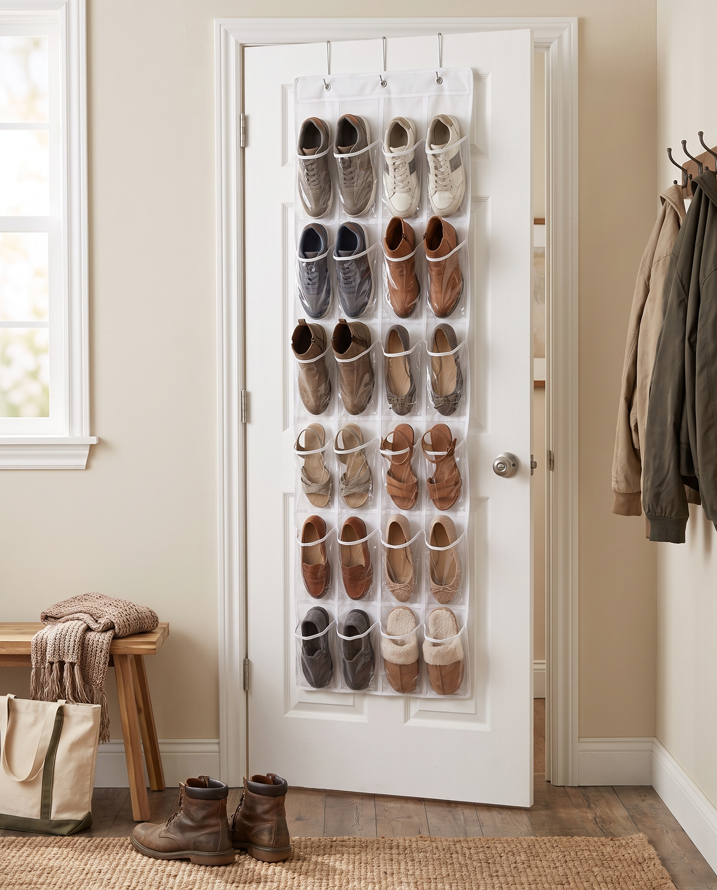 24-Grid Over-Door Shoe Organizer in a practical small-space lifestyle setting
