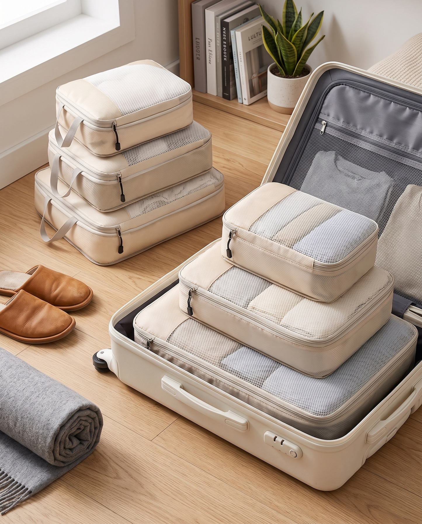 3-Piece Compression Packing Cube Set in a practical small-space lifestyle setting