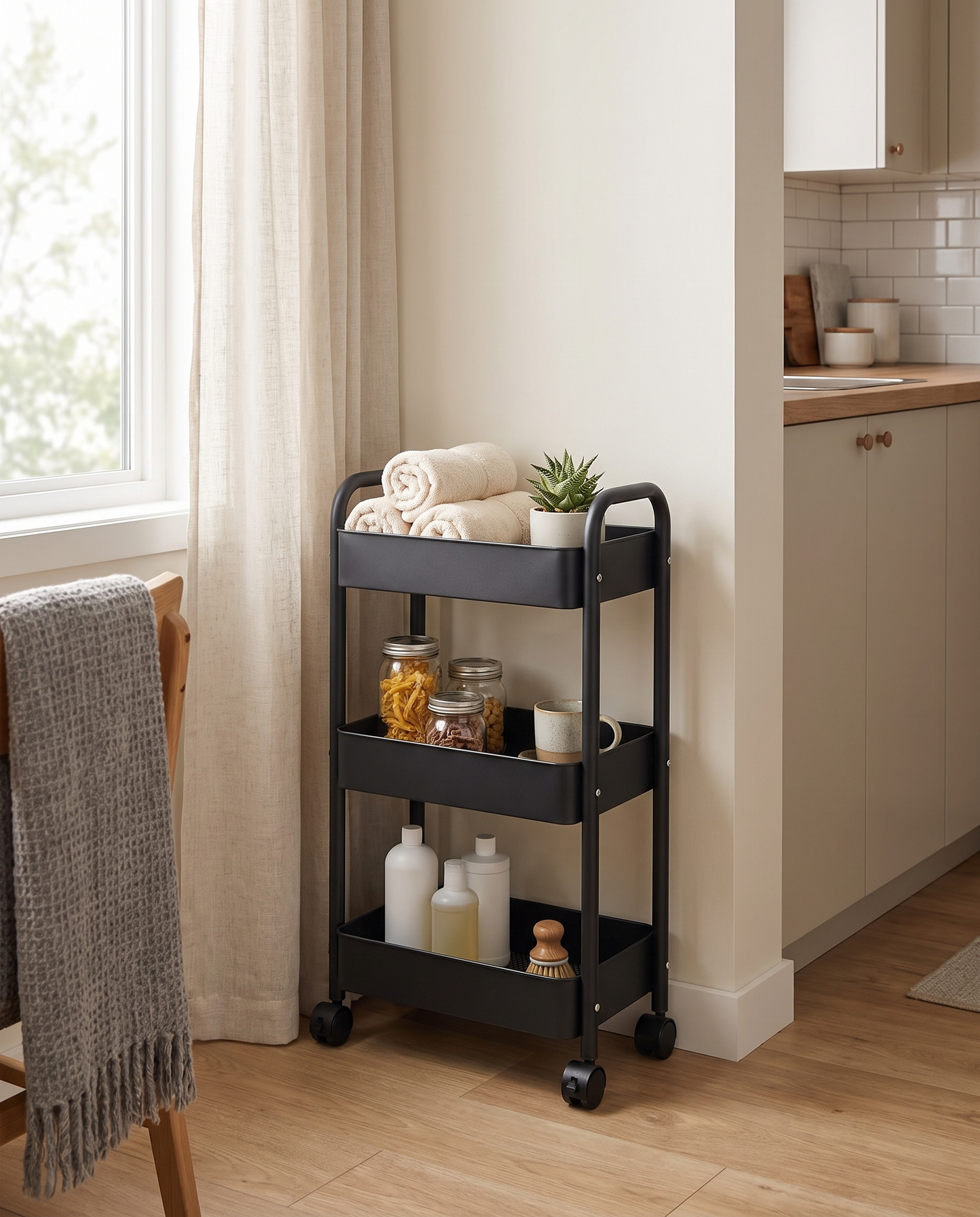 3-Tier Slim Metal Rolling Utility Cart in a practical small-space lifestyle setting