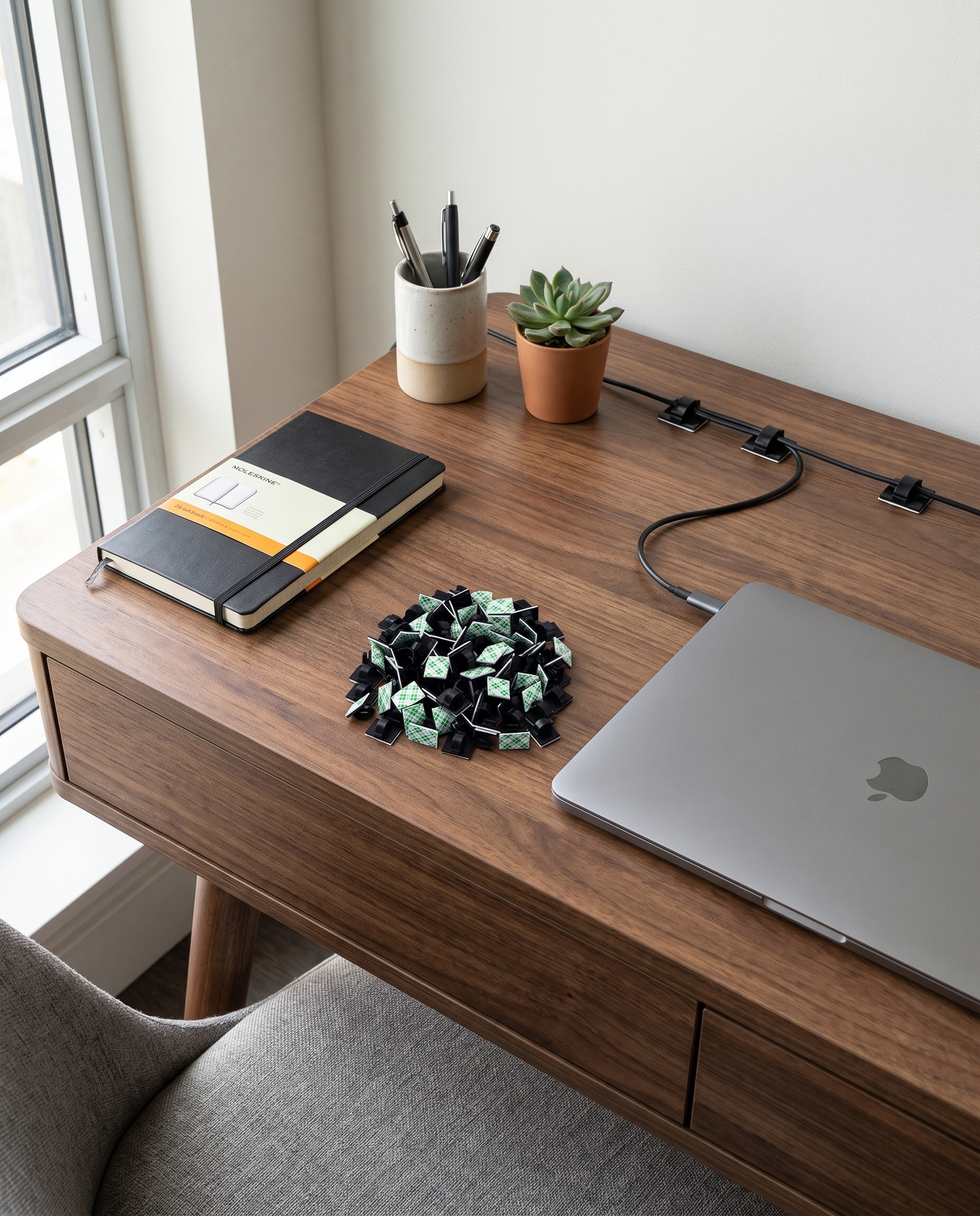 30-Piece Desktop Cable Organizer Clips in a practical small-space lifestyle setting