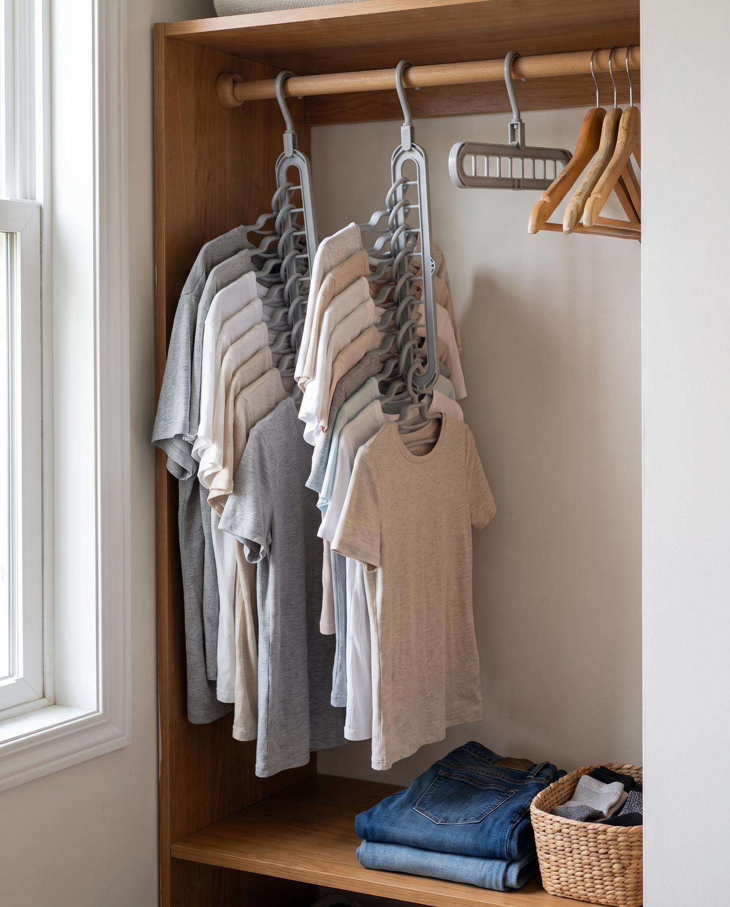3-Piece 9-Hole Foldable Space-Saving Hangers in a practical small-space lifestyle setting