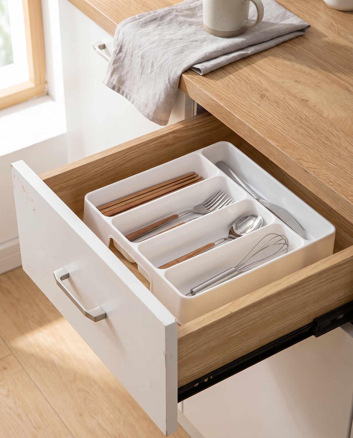 4/5-Compartment Cutlery Drawer Organizer in a practical small-space lifestyle setting