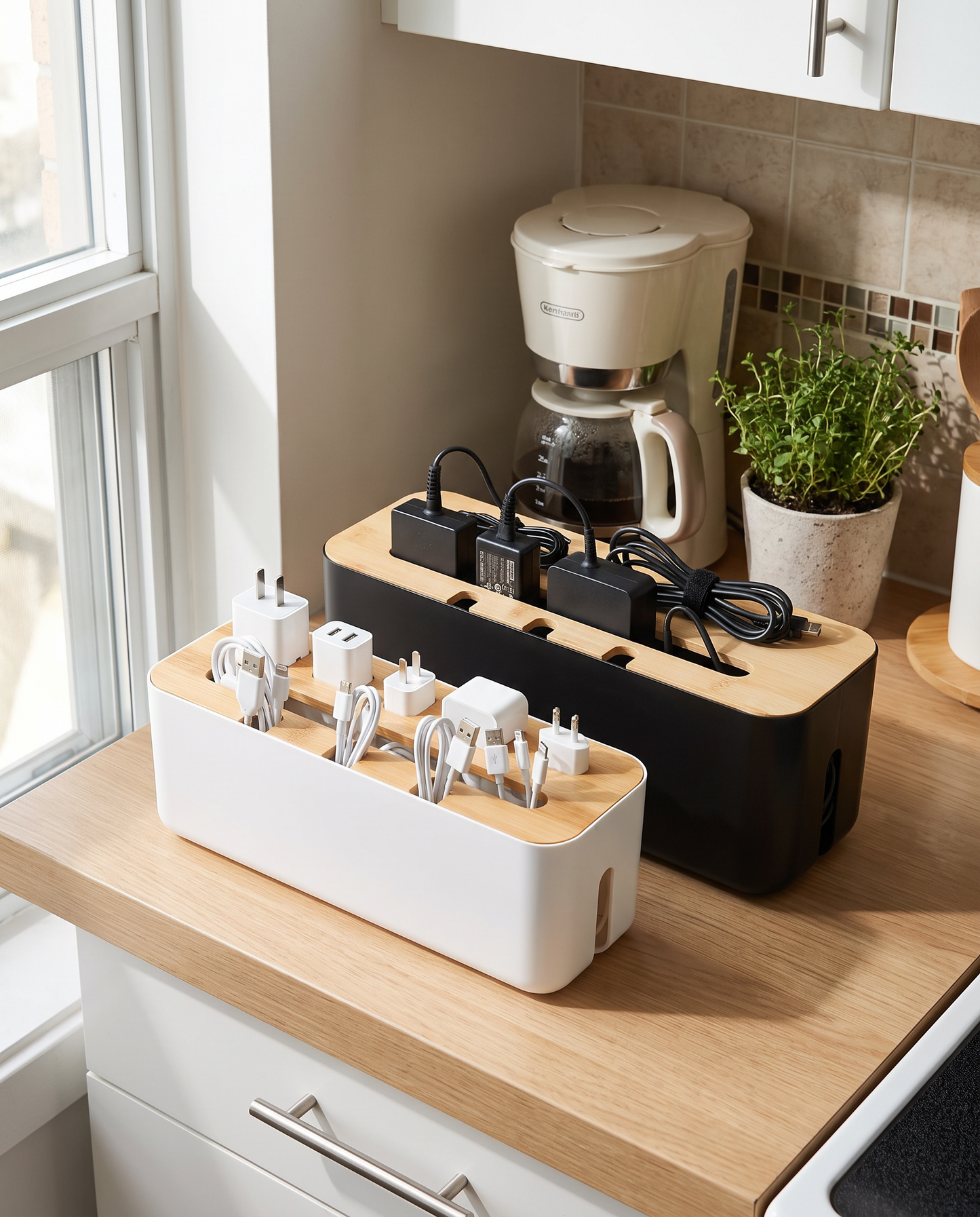 Bamboo-Lid Cable Management Box in a practical small-space lifestyle setting