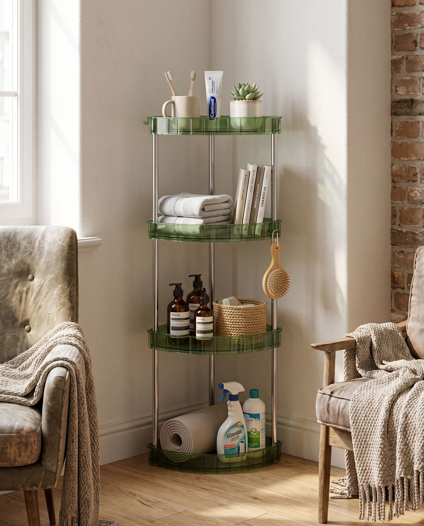 Multi-Layer Corner Storage Rack in a practical small-space lifestyle setting