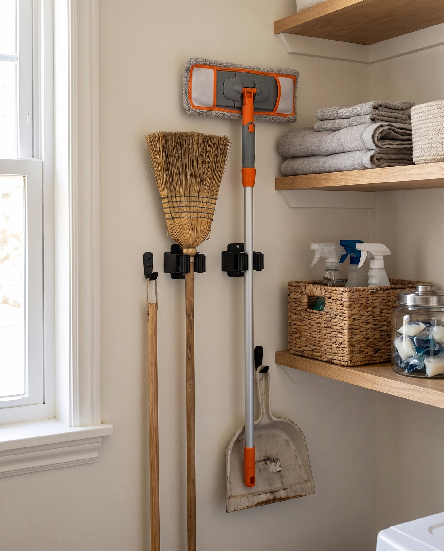 Wall-Mounted Stainless Steel Broom & Mop Holder in a practical small-space lifestyle setting