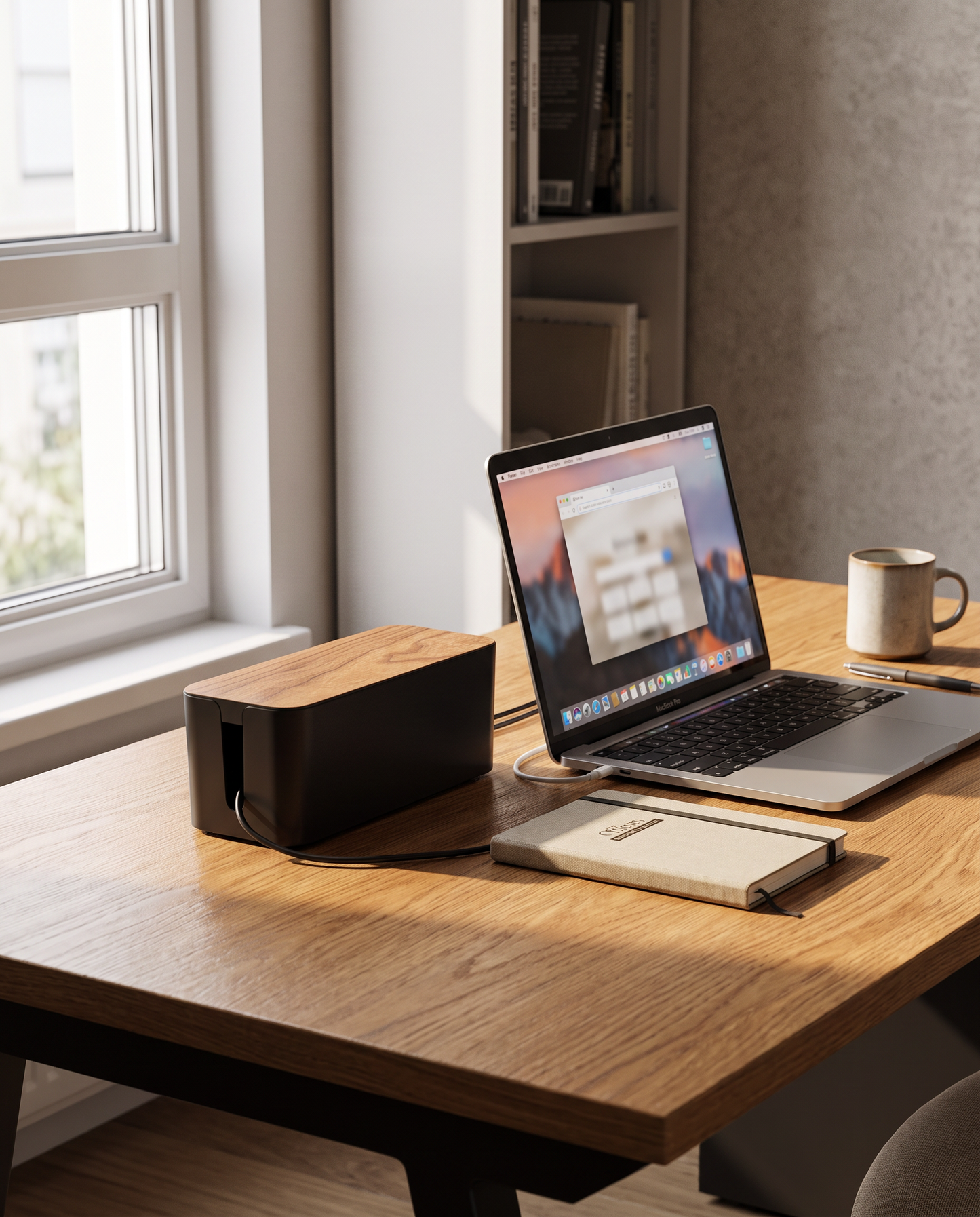 Wood-Grain Cable Management Box for Power Strips in a practical small-space lifestyle setting