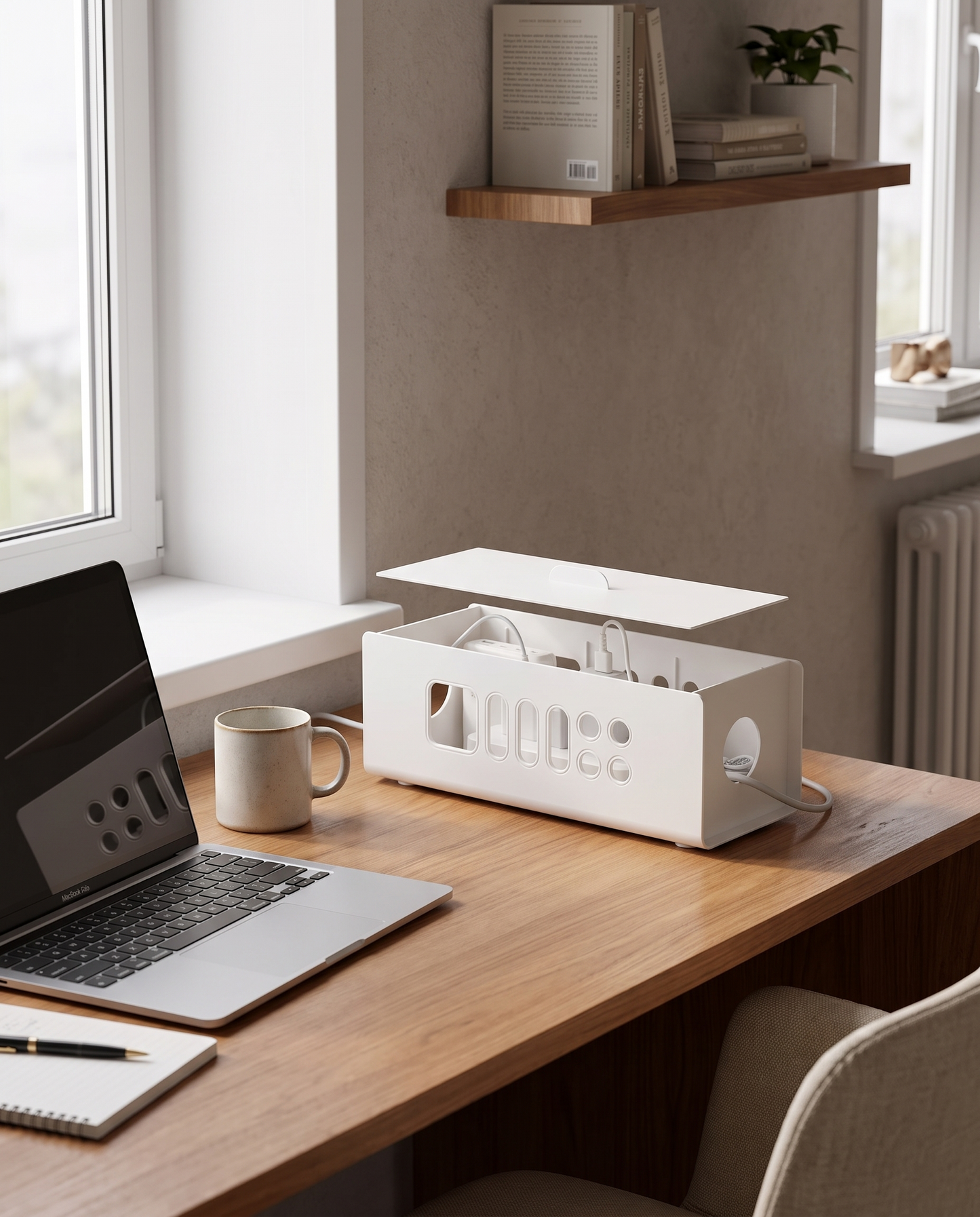 Colored Power Strip Cable Management Box in a practical small-space lifestyle setting