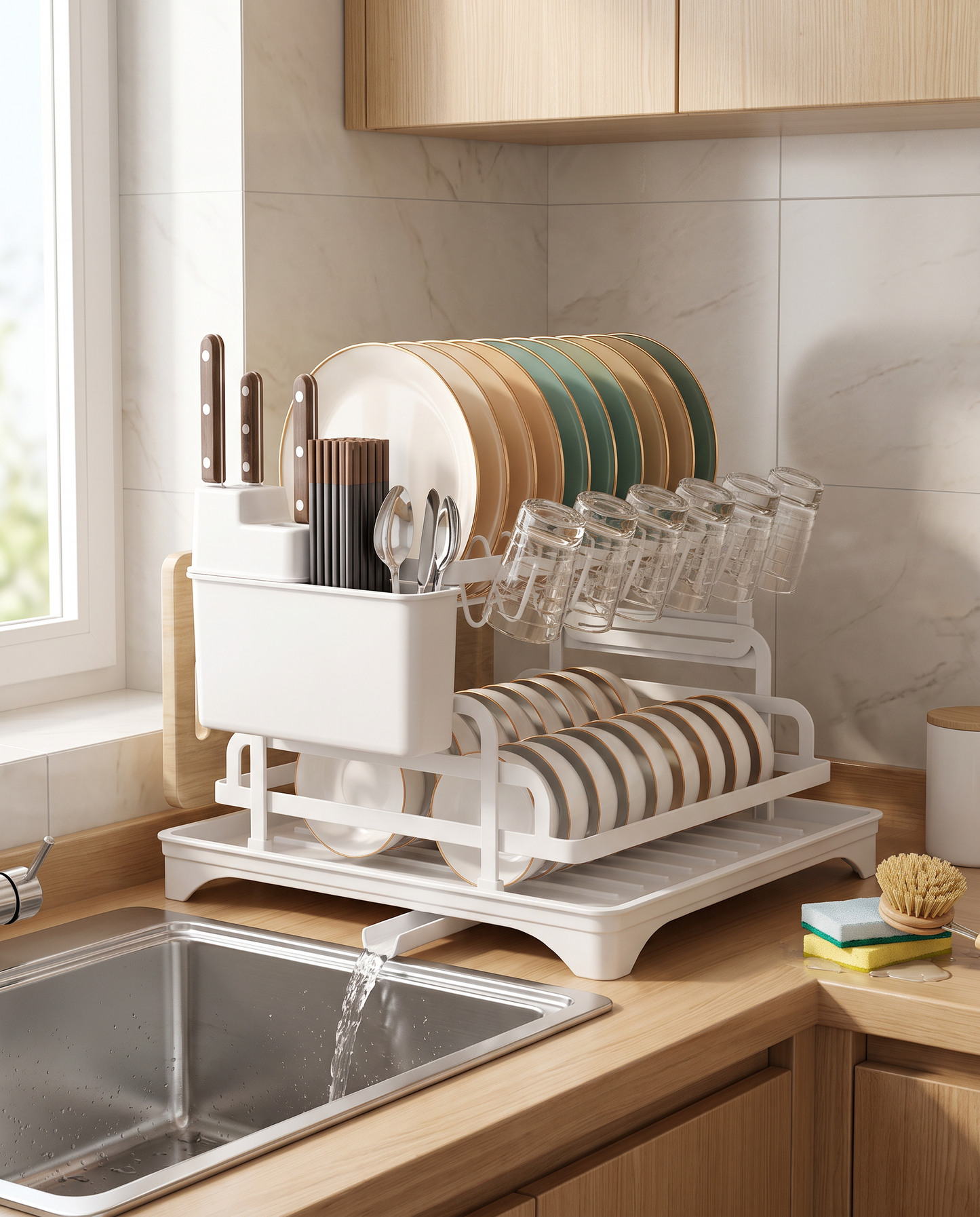 2-Tier Dish Drying Rack with Drainboard in a practical small-space lifestyle setting
