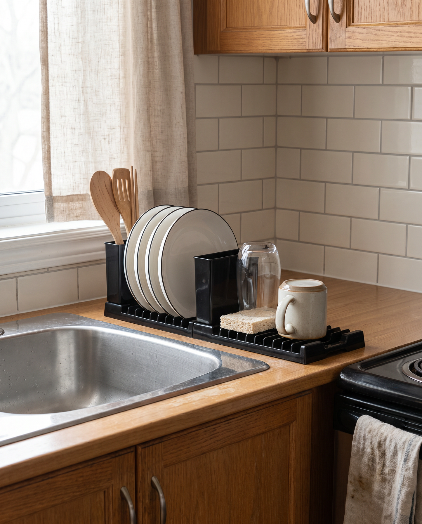 Foldable Hanging Dish Drying Rack in a practical small-space lifestyle setting