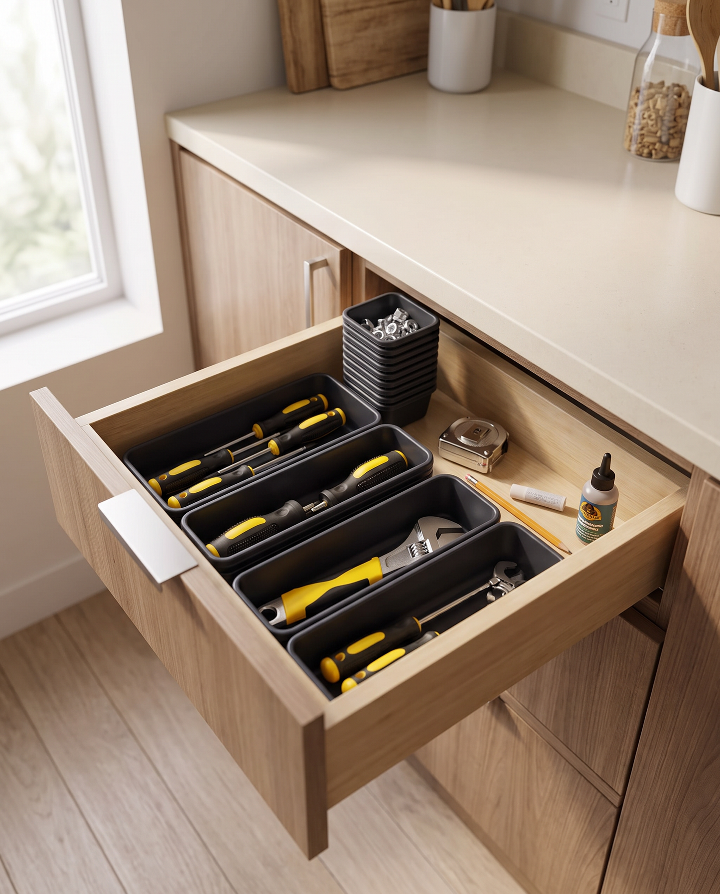 8/26/47-Piece Tool Tray & Drawer Organizer in a practical small-space lifestyle setting