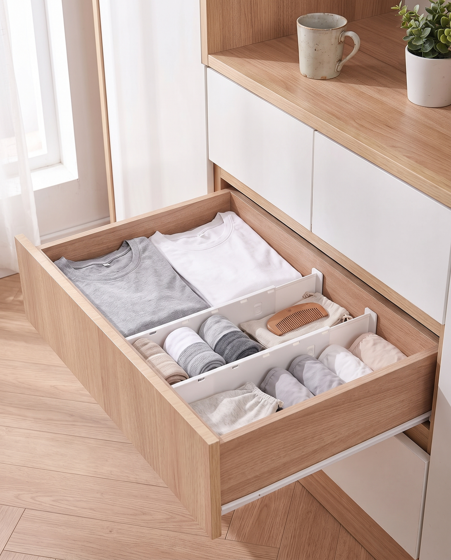 Free-Combination Drawer Dividers in a practical small-space lifestyle setting