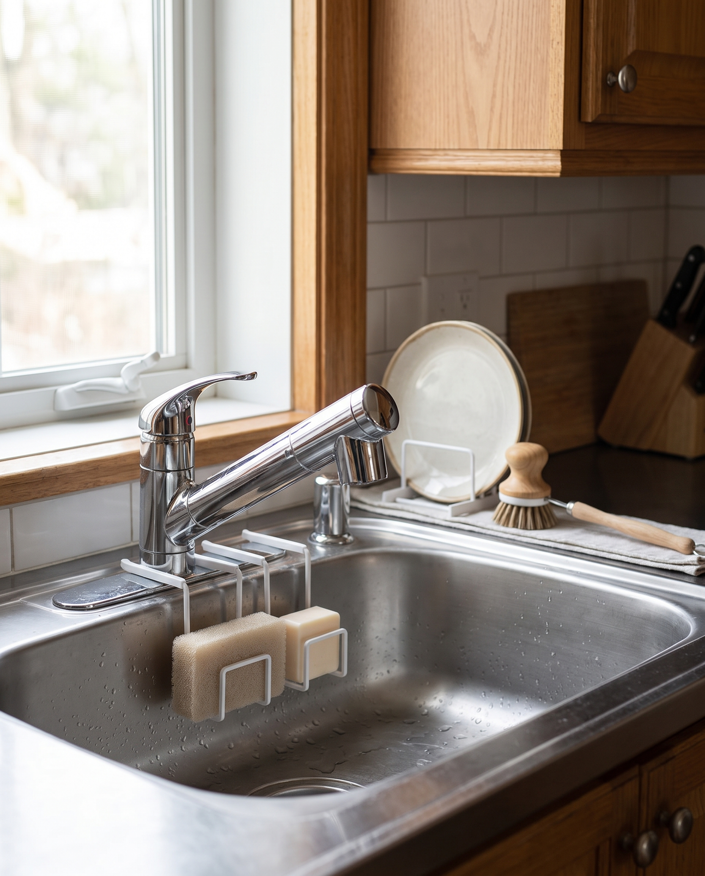 Metal Sink Caddy for Sponges and Soap in a practical small-space lifestyle setting