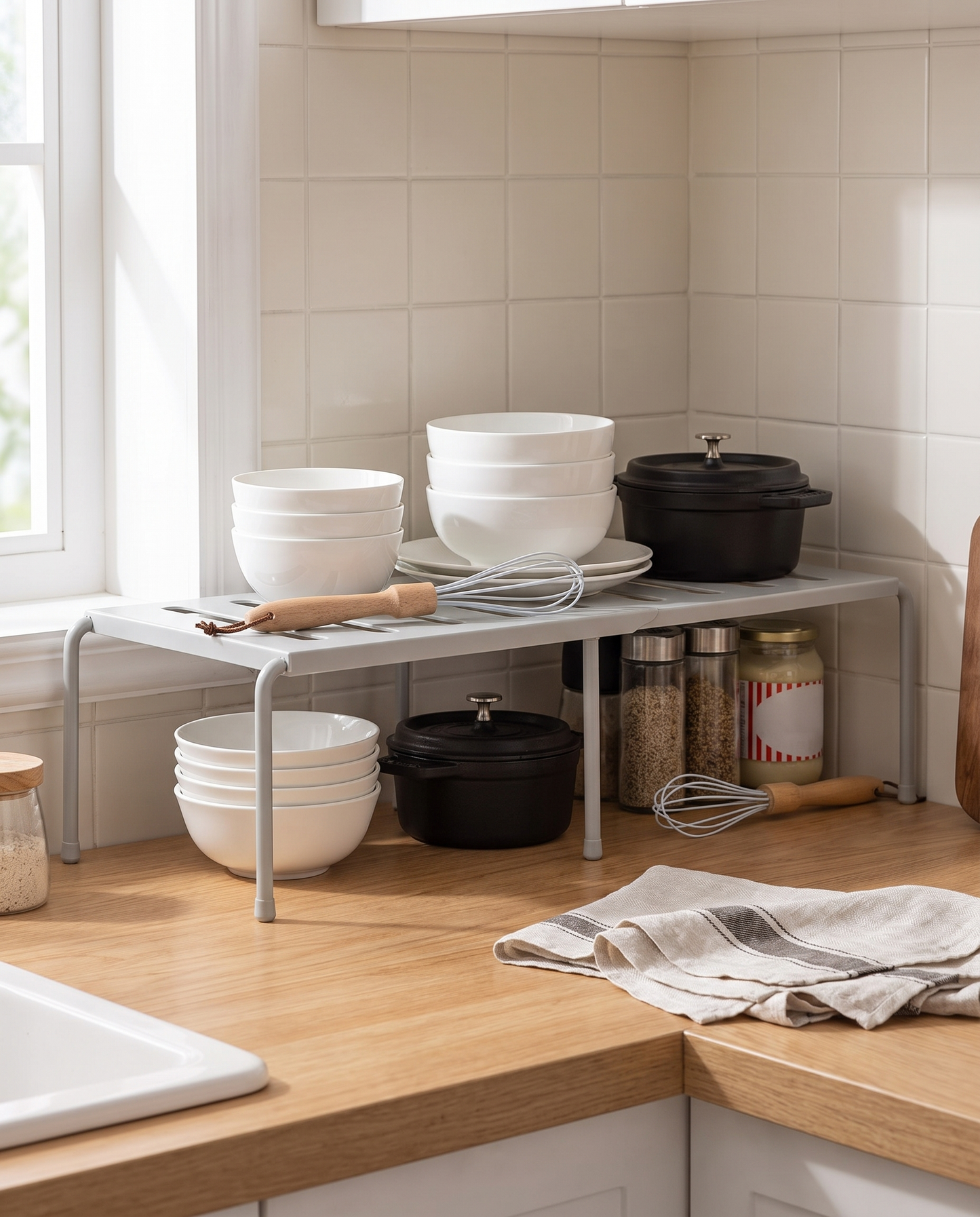 Expandable Freestanding Kitchen Shelf Organizer in a practical small-space lifestyle setting