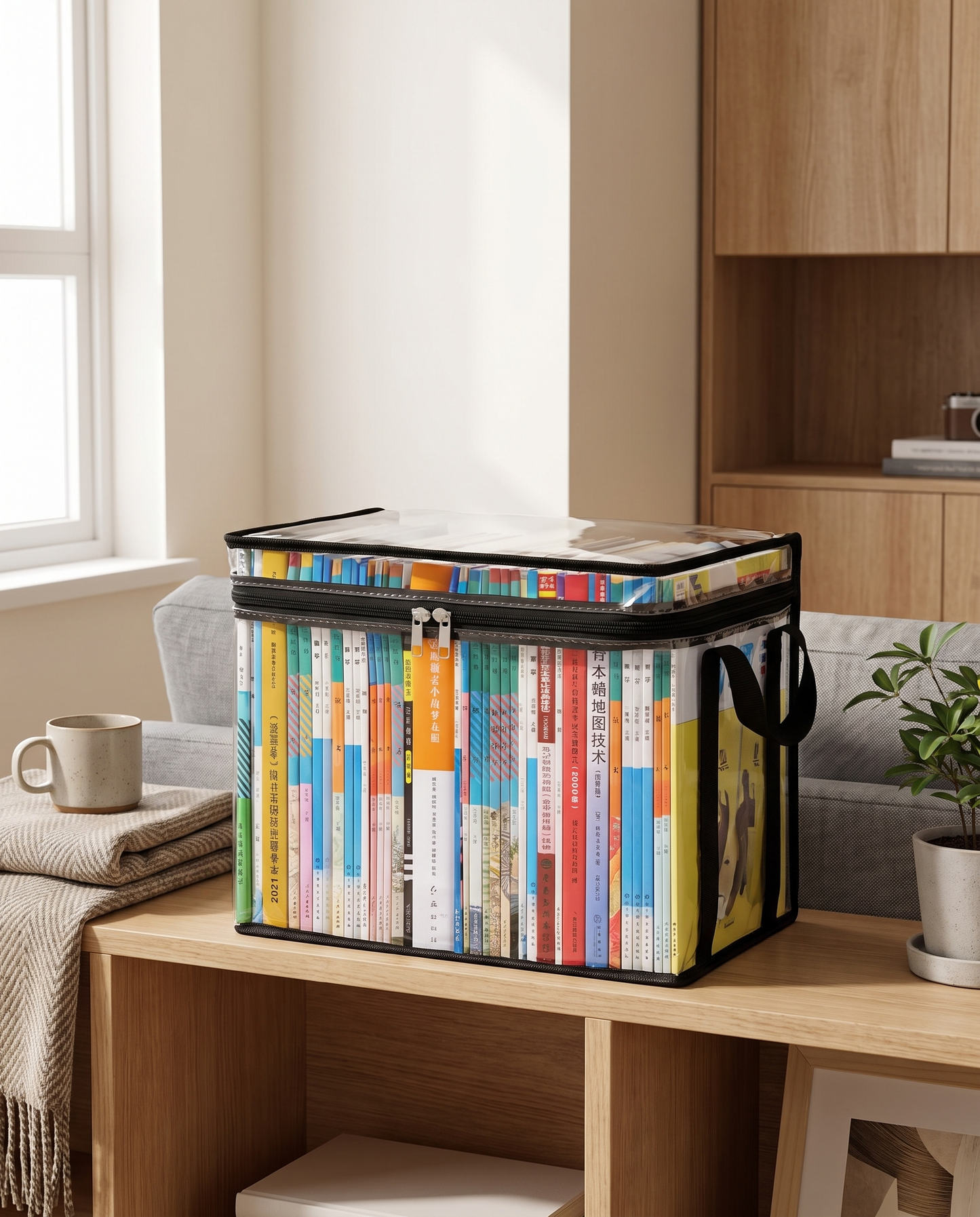 Foldable Zippered Book Storage Box in a practical small-space lifestyle setting