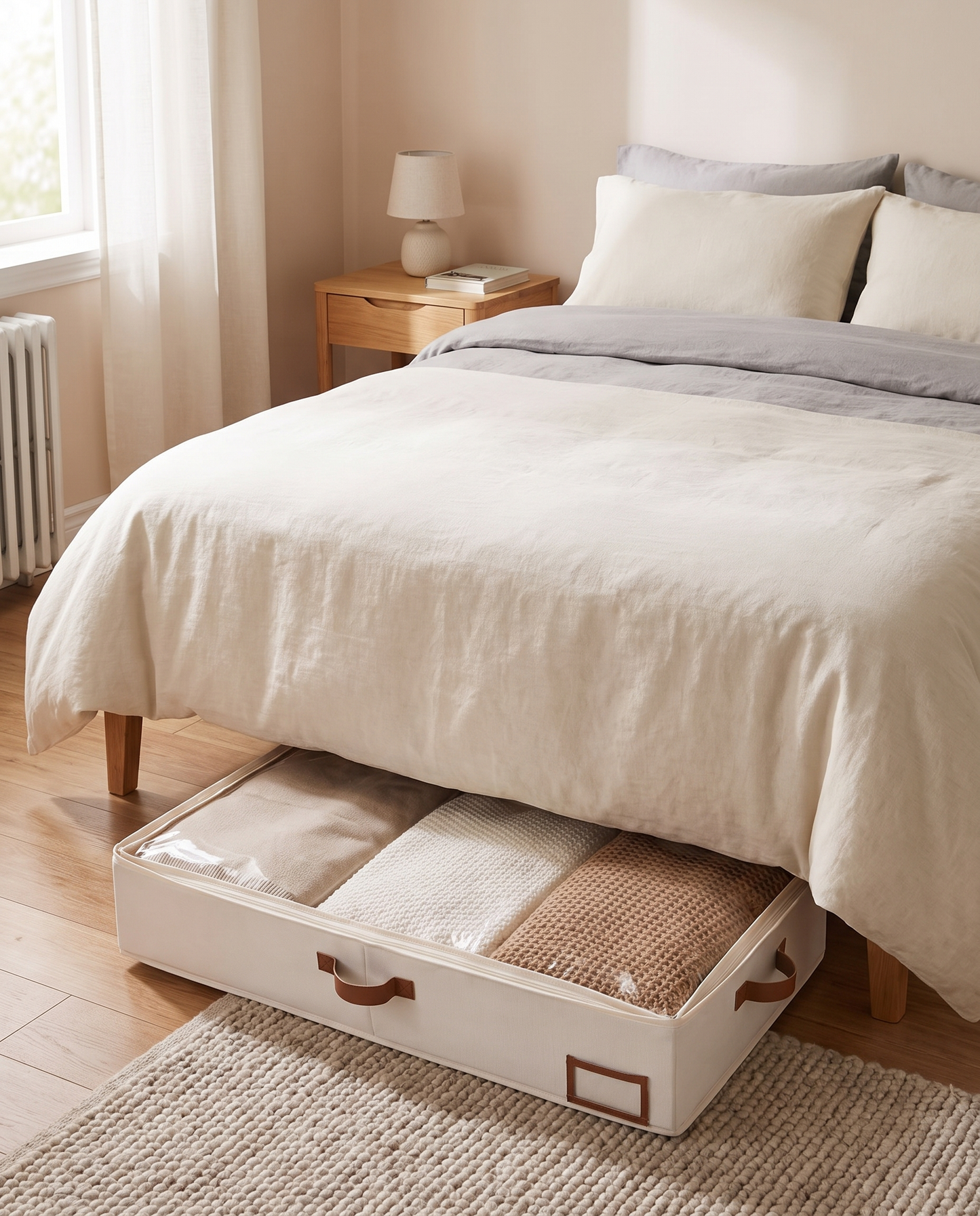 Foldable Under-Bed Blanket Organizer with Clear Window in an everyday small-space setting
