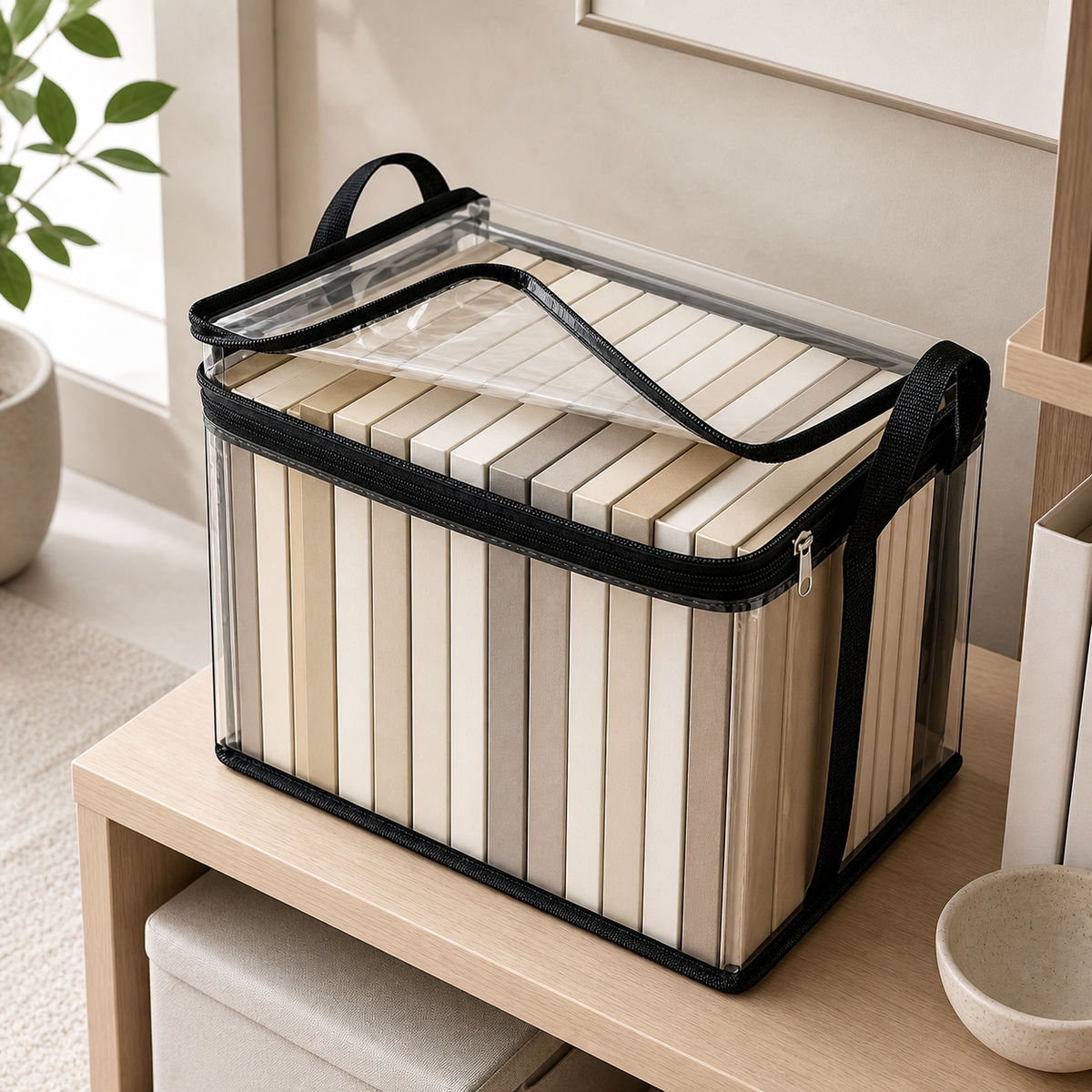 Clear foldable zippered book storage box with black trim, partially open, with blank neutral books