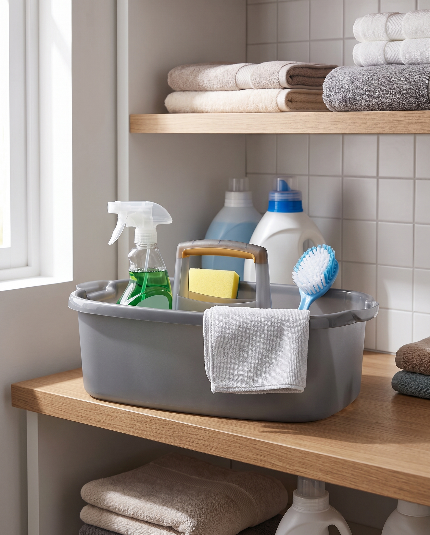 MAX-22 Portable Cleaning Caddy with Handle in a practical small-space lifestyle setting
