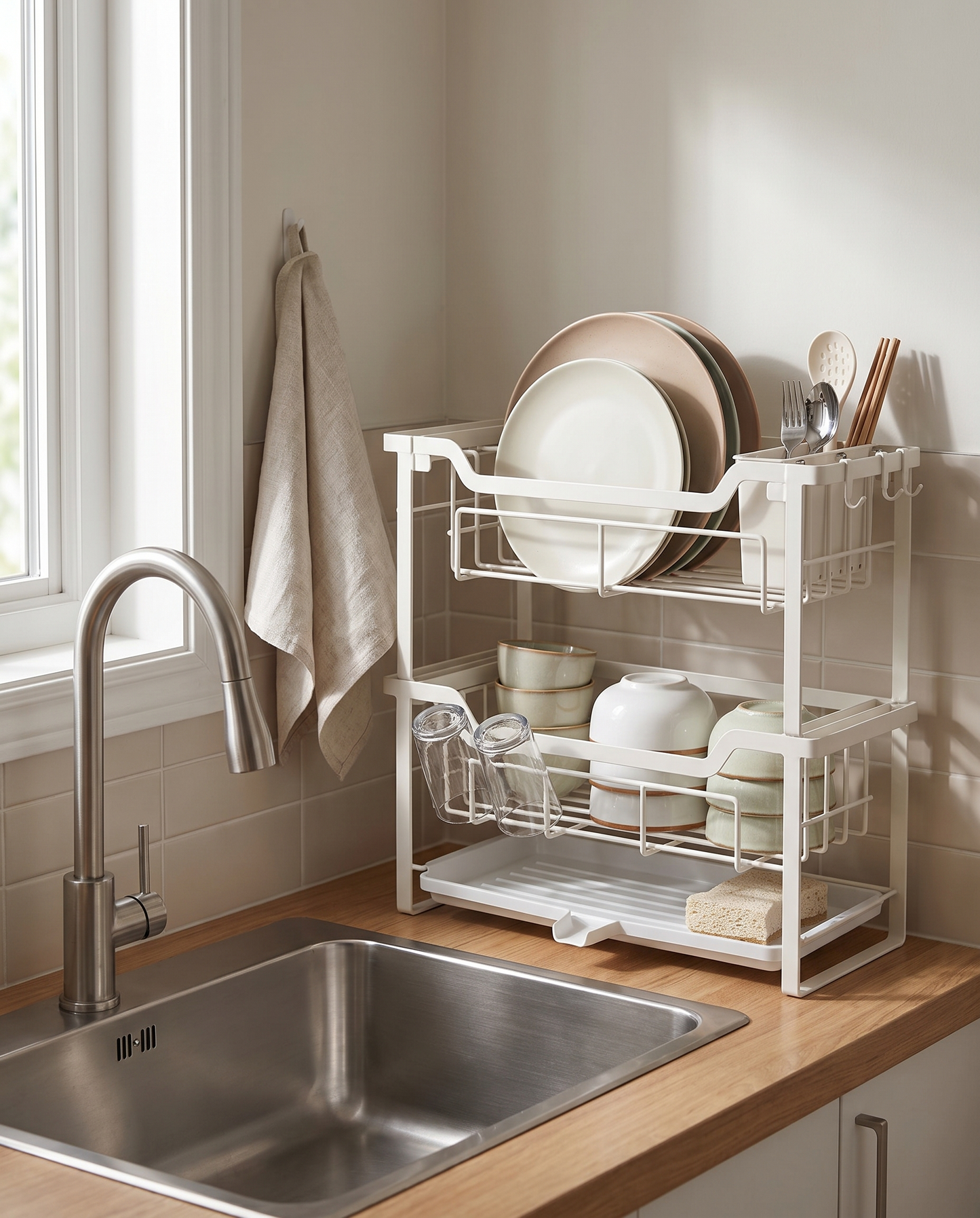 Countertop Dish Drying Rack, No Assembly in a practical small-space lifestyle setting