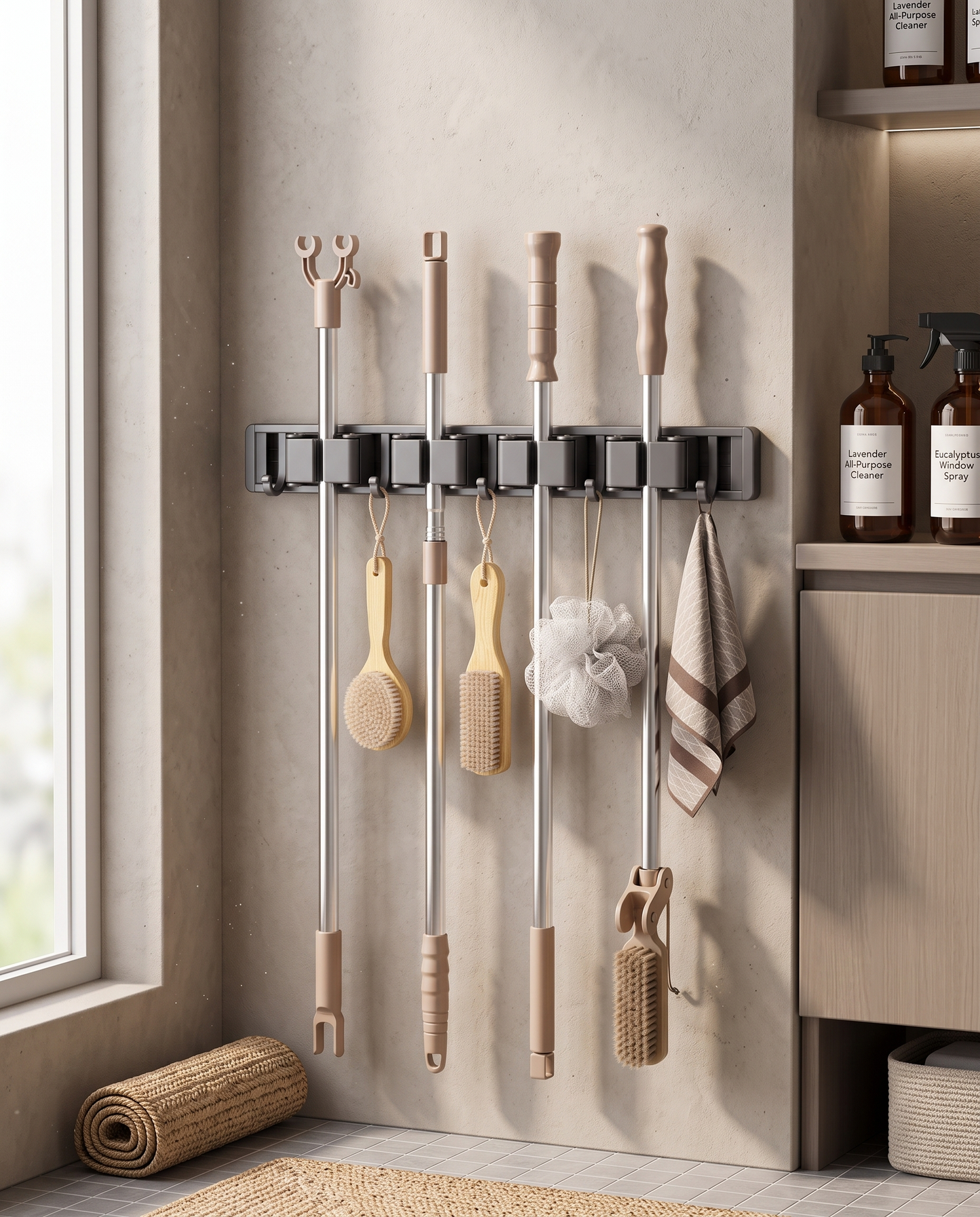 3–5 Hook Wall-Mounted Broom & Mop Holder in a practical small-space lifestyle setting