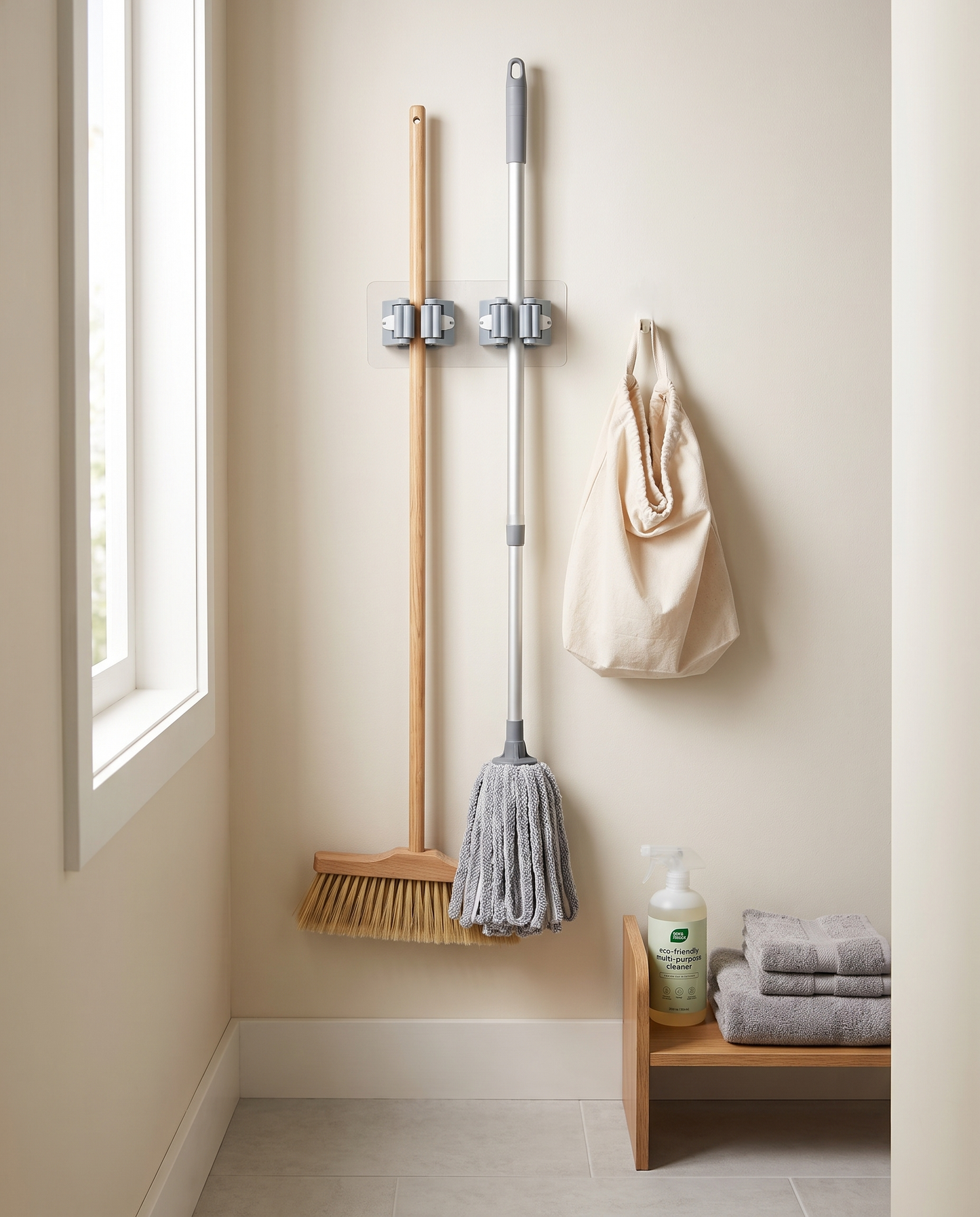 Self-Adhesive Wall-Mounted Broom & Mop Holder in a practical small-space lifestyle setting