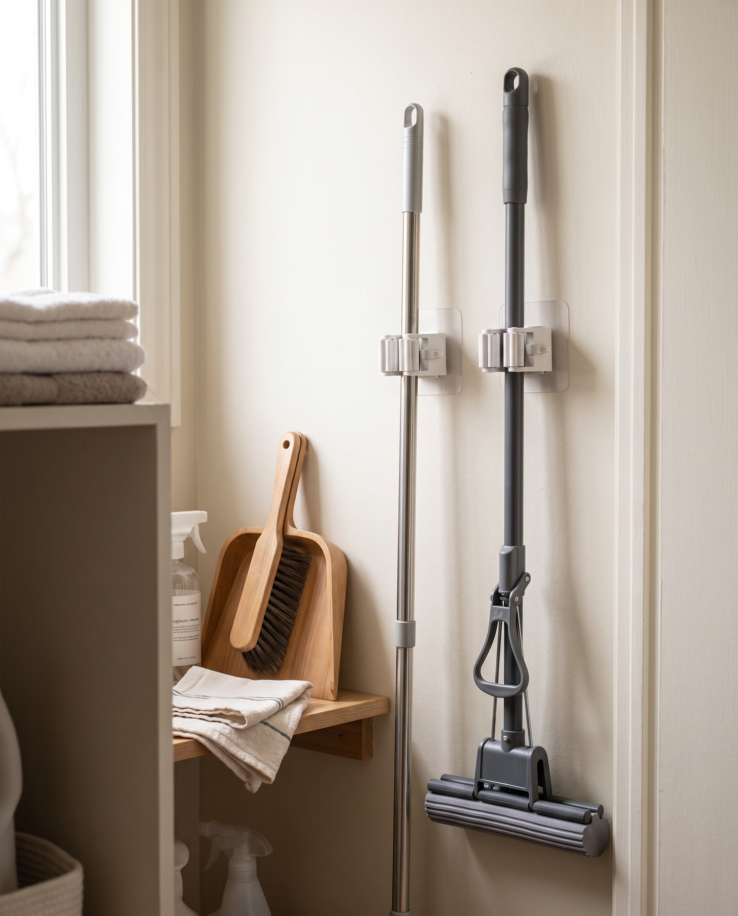 Adhesive Multi-Purpose Wall Hooks for Brooms & Mops in a practical small-space lifestyle setting