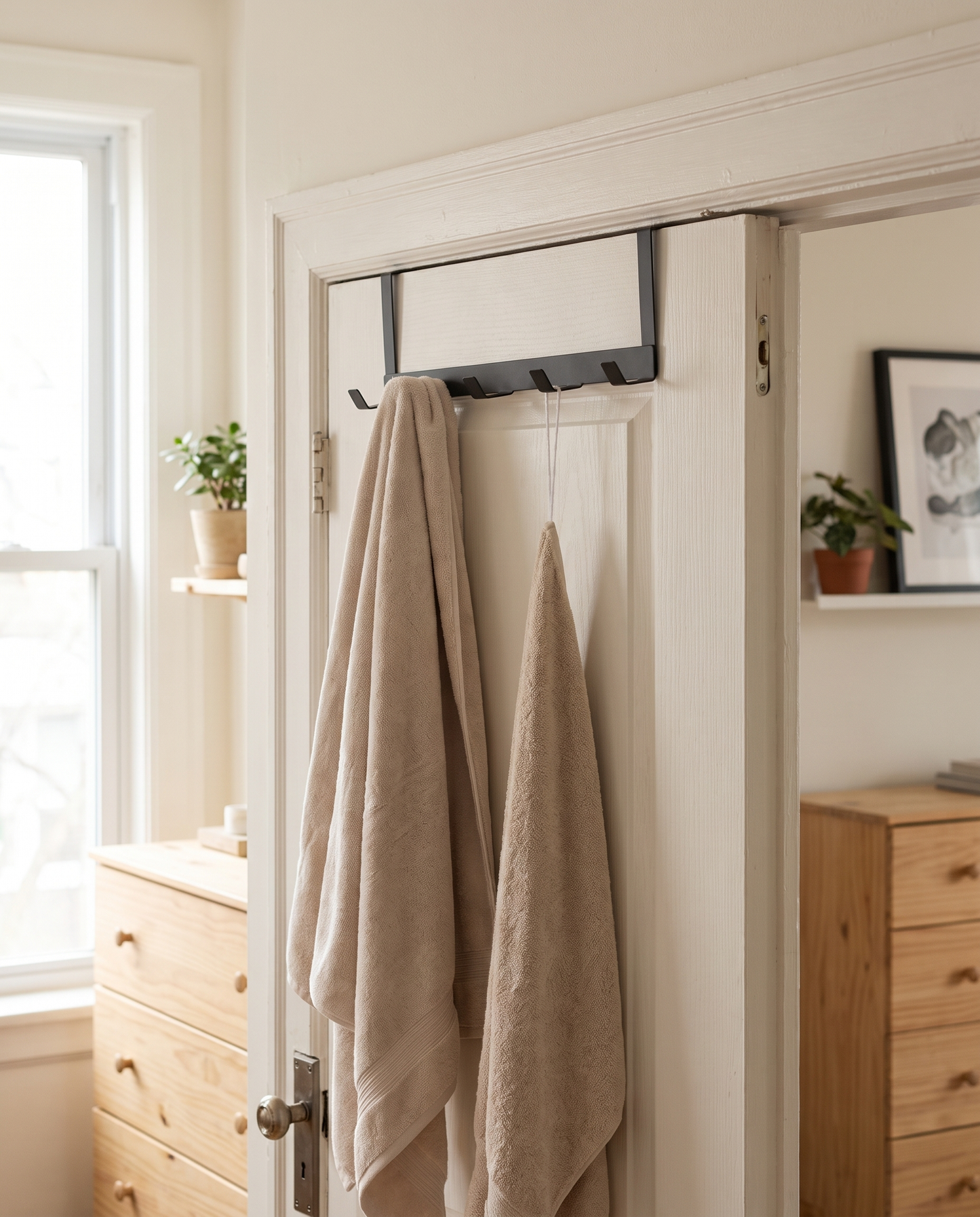 5-Hook Over-Door Organizer Rack in a practical small-space lifestyle setting