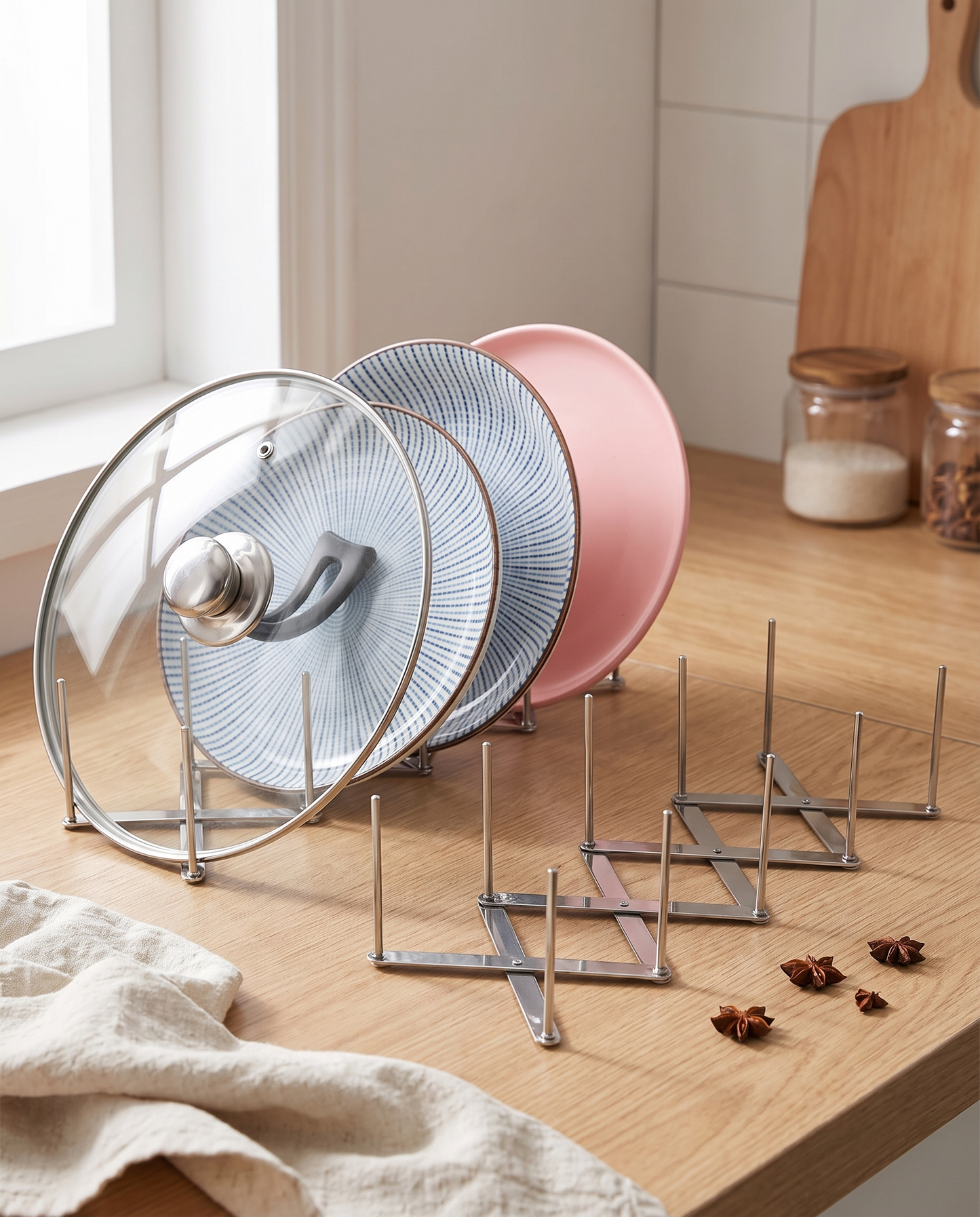 Foldable Stainless Steel Pot Lid Rack in a practical small-space lifestyle setting
