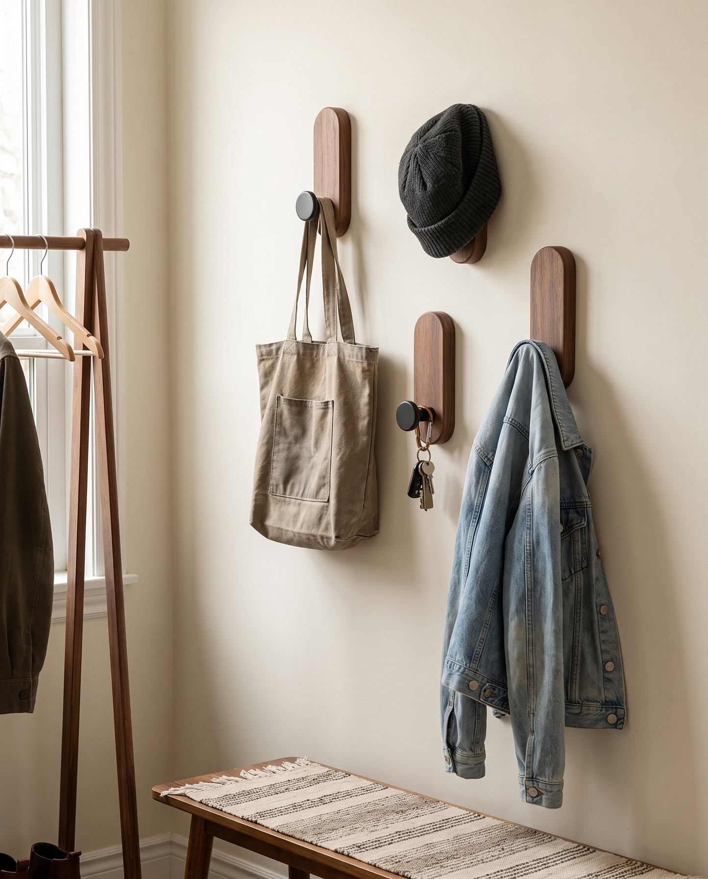 Self-Adhesive Walnut Wood Wall Hooks in a practical small-space lifestyle setting