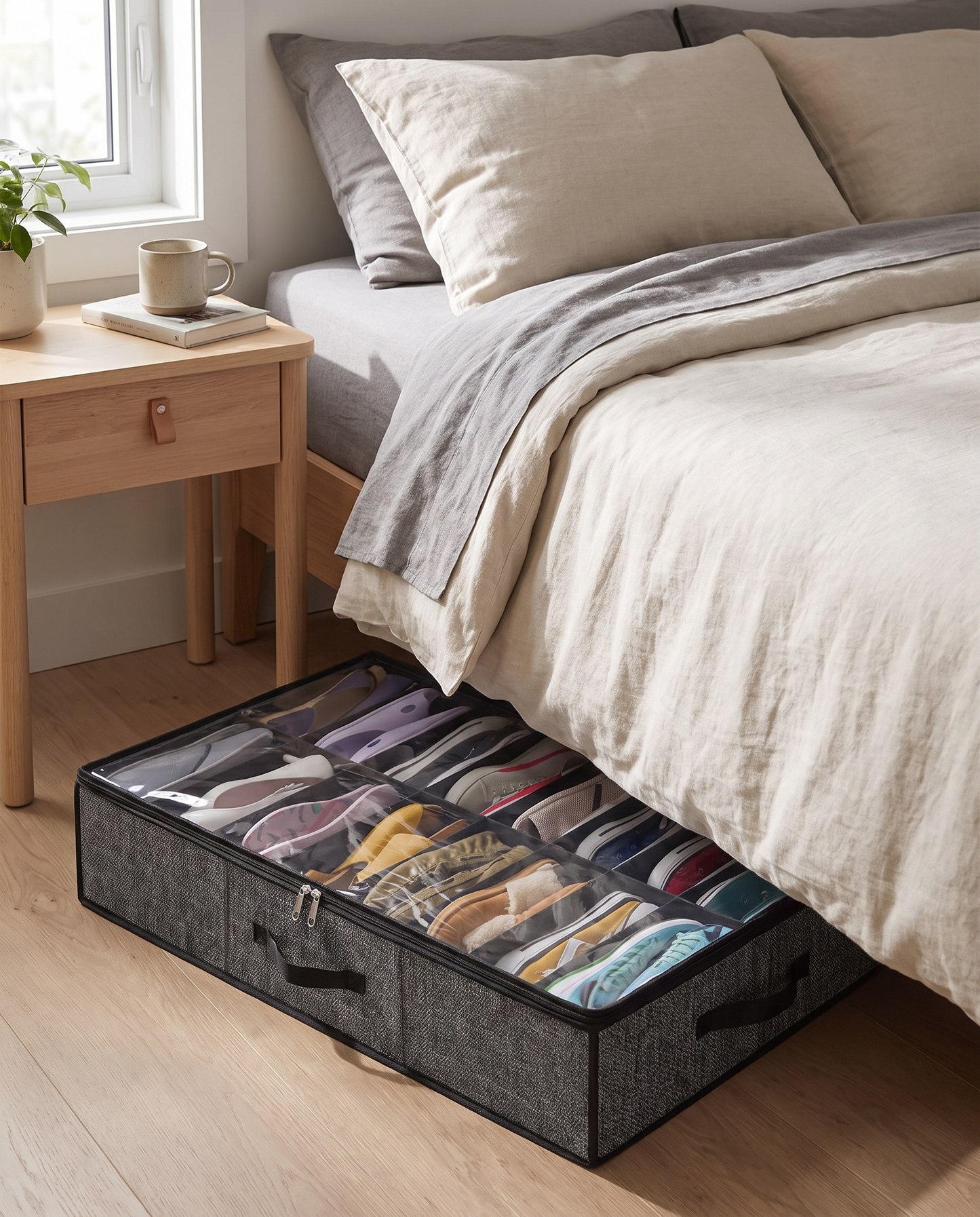 12-Pair Under-Bed Shoe Organizer with Reinforced Handles in a practical small-space lifestyle setting
