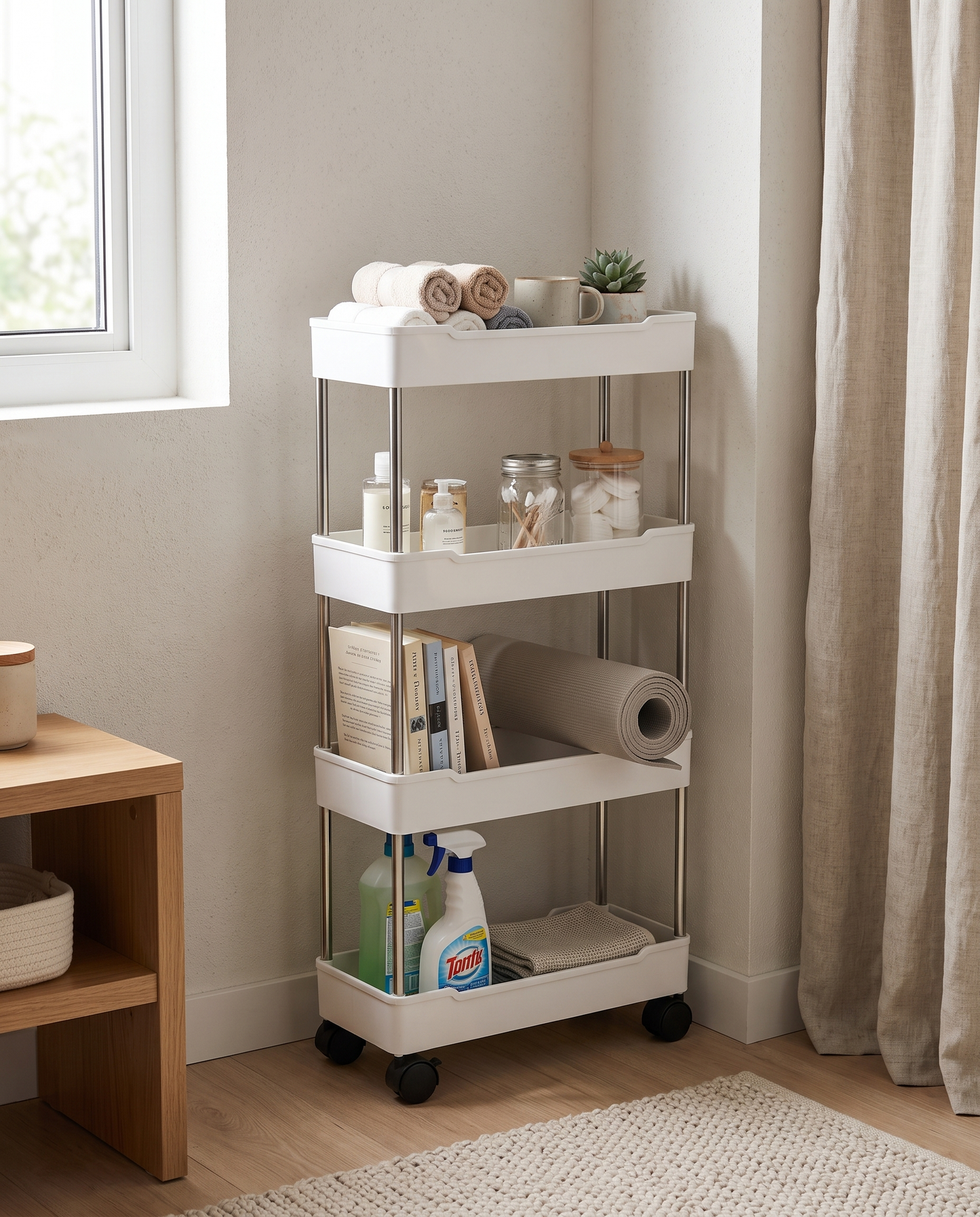 4-Tier Slim Rolling Storage Cart in a practical small-space lifestyle setting