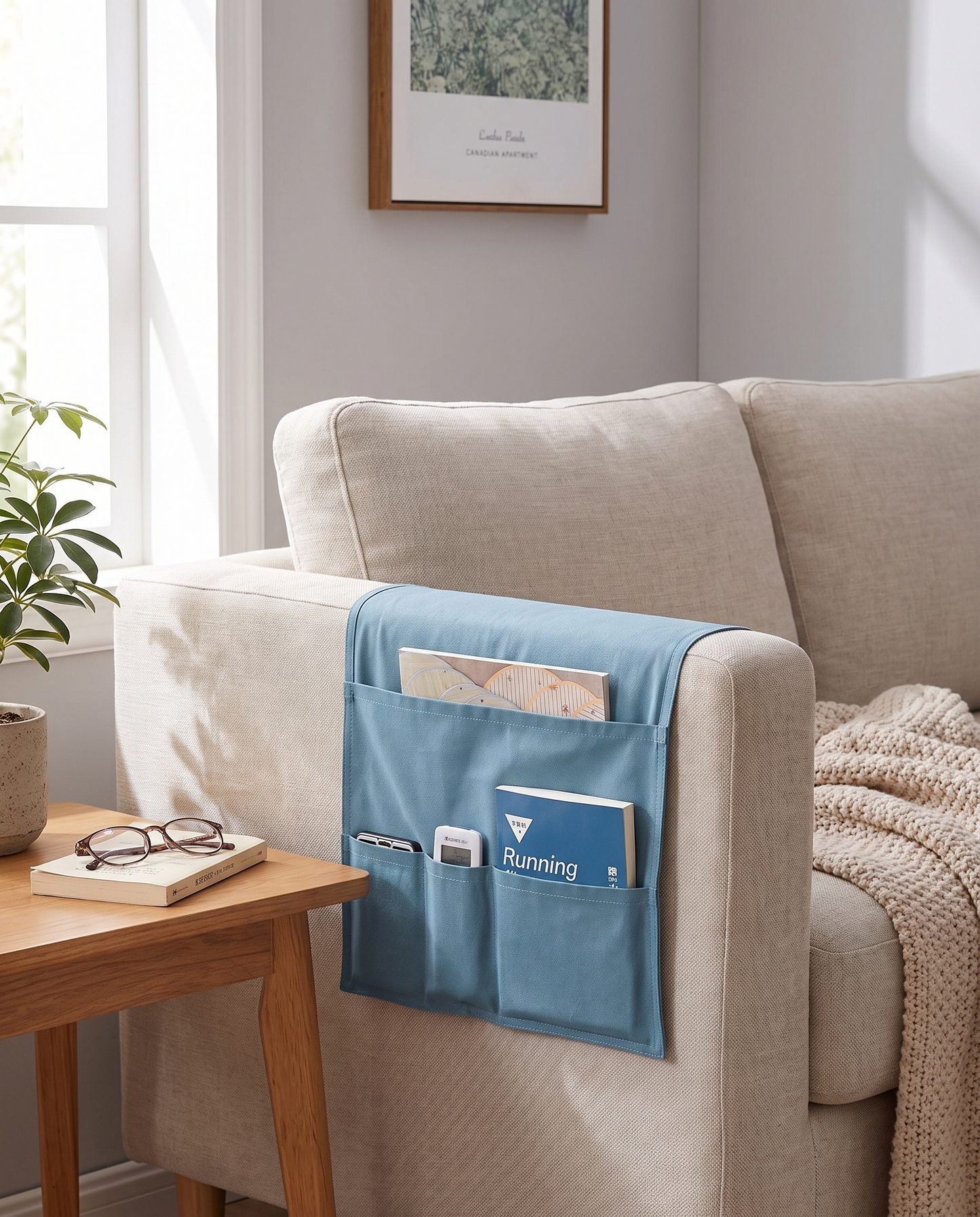 Water-Resistant Sofa Arm Organizer with Storage Pockets in a practical small-space lifestyle setting