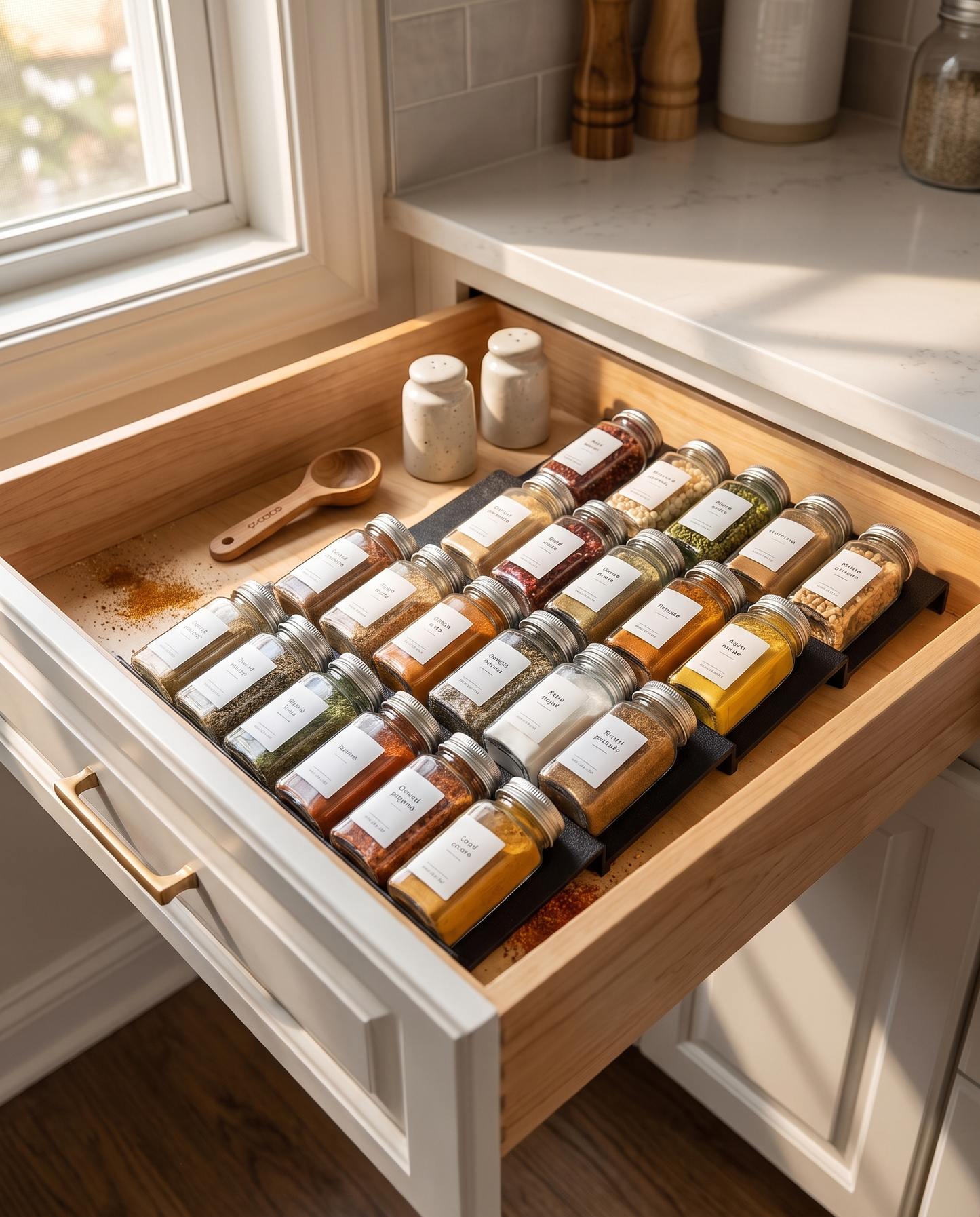4-Layer Adjustable Spice Drawer Organizer in a practical small-space lifestyle setting