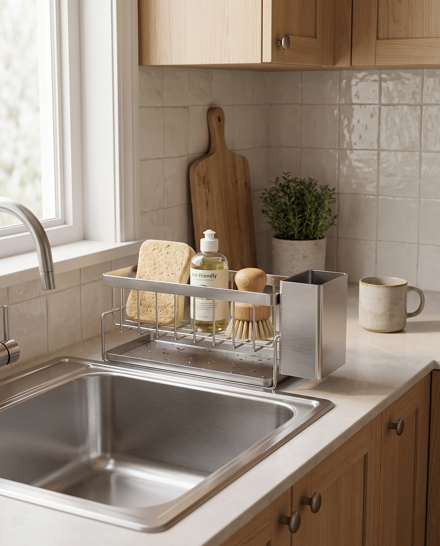 Stainless Steel Sink Caddy with Drain Tray in a practical small-space lifestyle setting