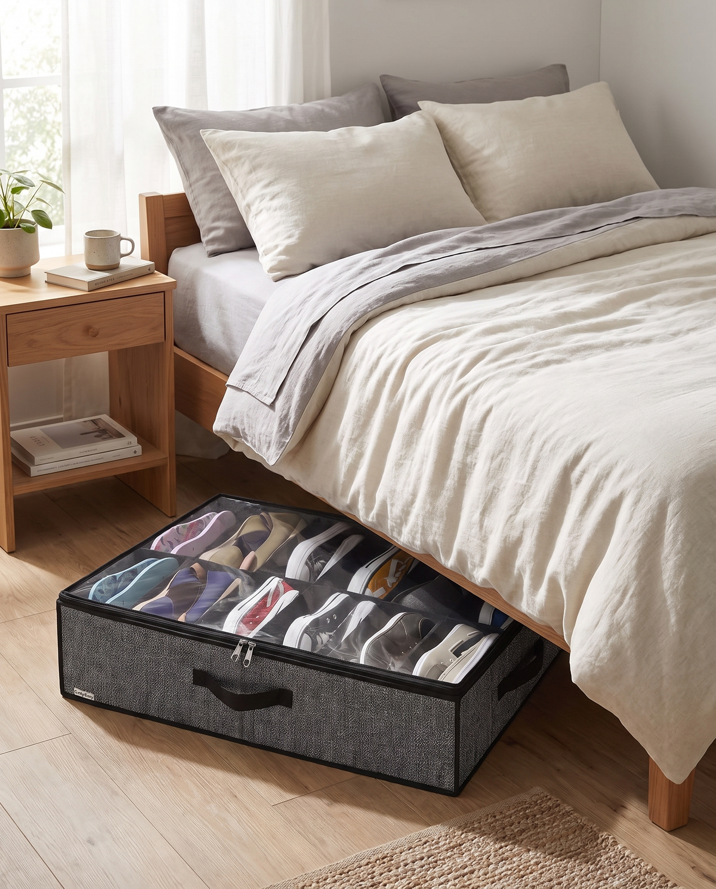 Under-Bed Shoe Storage Organizer with Clear Cover in a practical small-space lifestyle setting