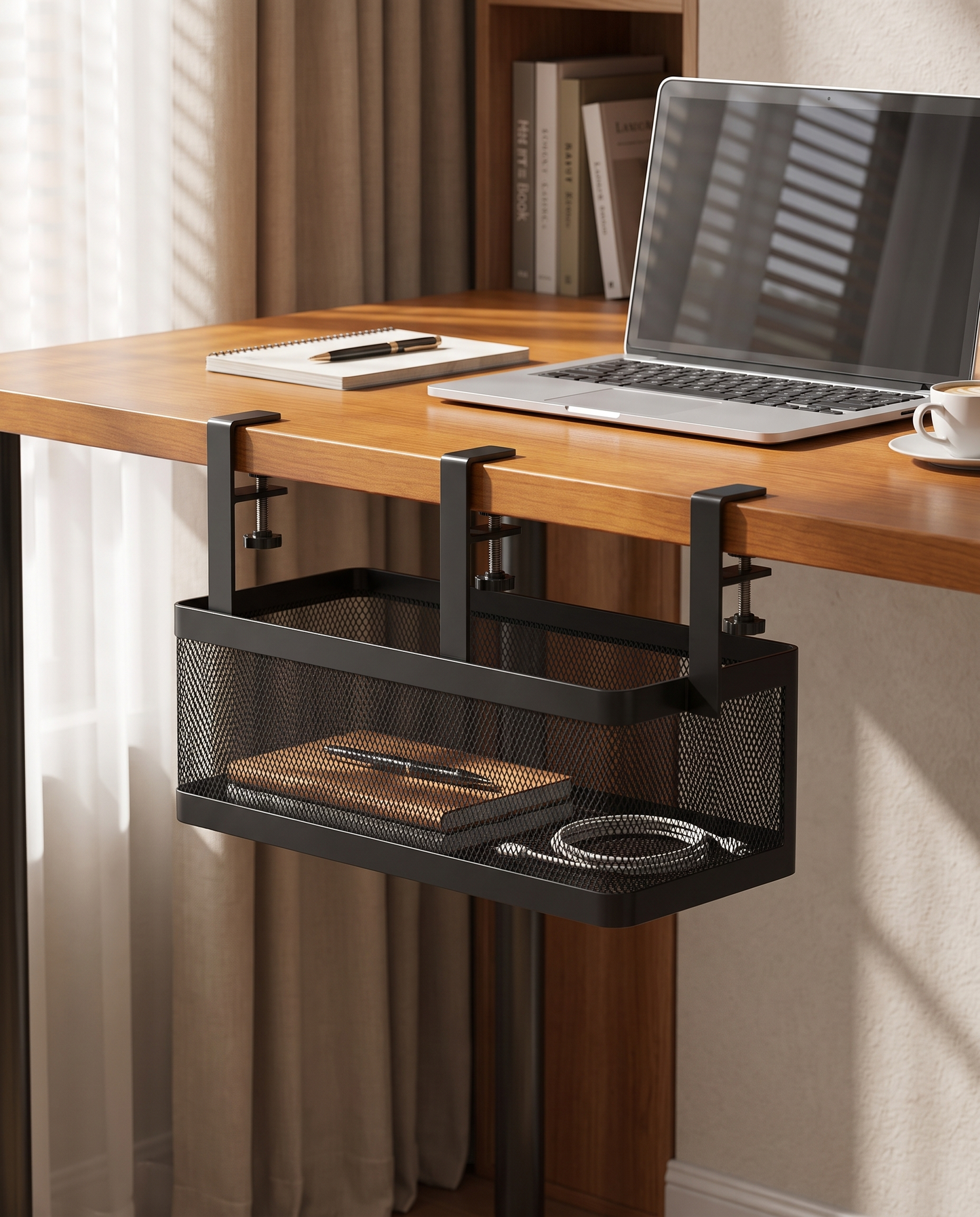 Under-Desk Hanging Storage Basket in an everyday small-space setting
