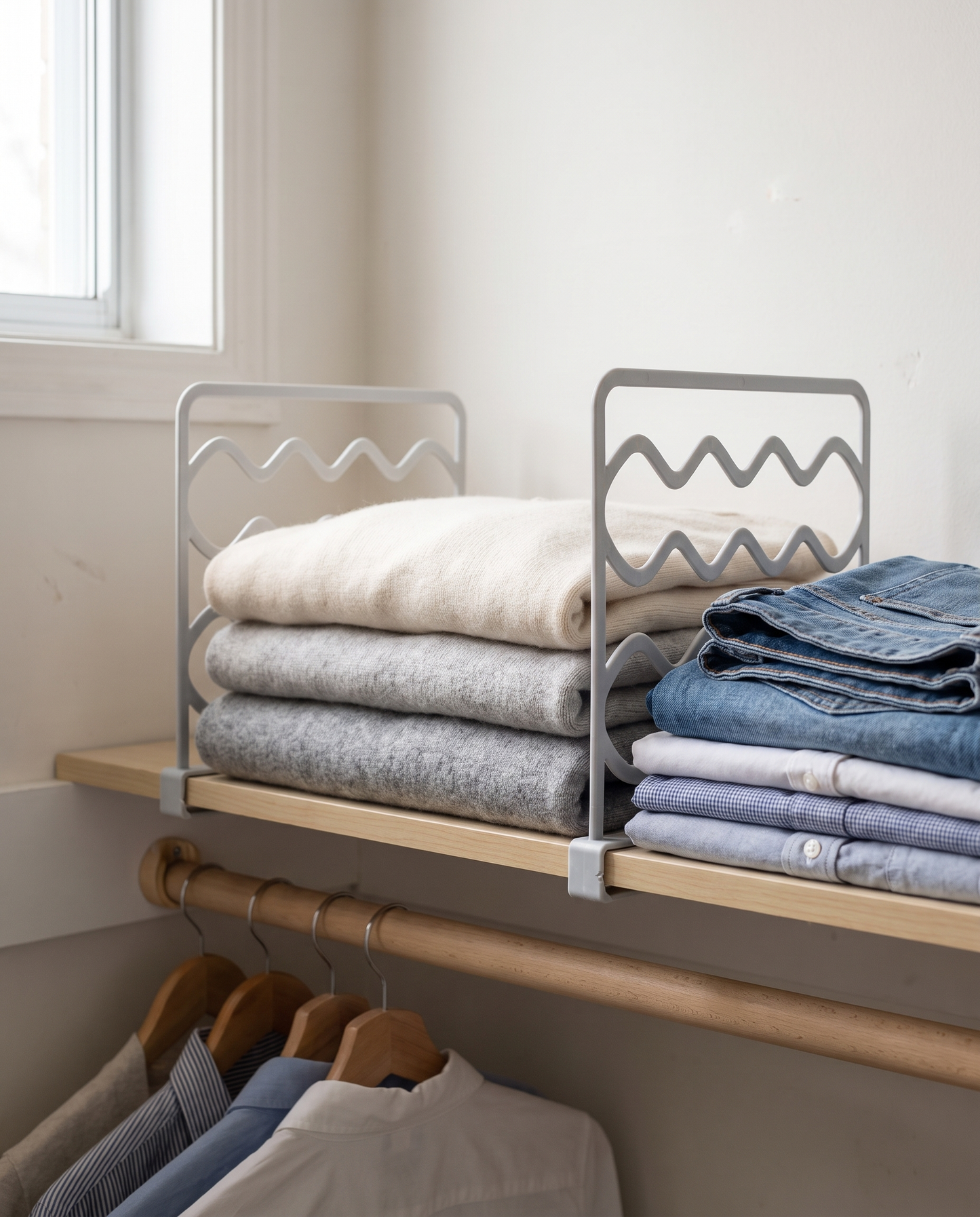No-Drill Plastic Closet Shelf Dividers in a practical small-space lifestyle setting