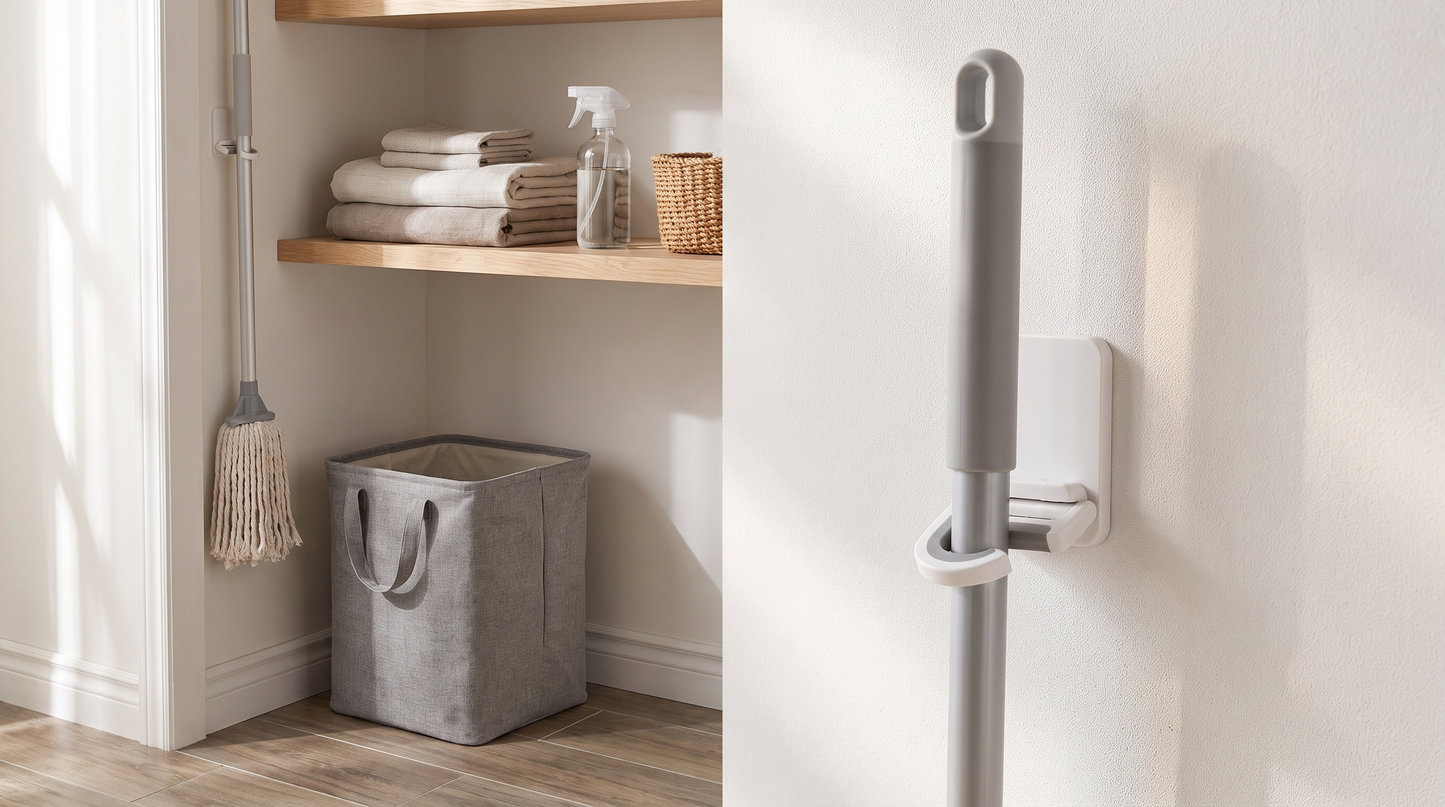 Self-Adhesive Wall-Mounted Broom & Mop Clip in a practical small-space lifestyle setting