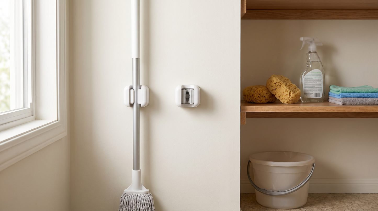 1/4-Piece No-Drill Wall-Mounted Broom & Mop Clips in a practical small-space lifestyle setting