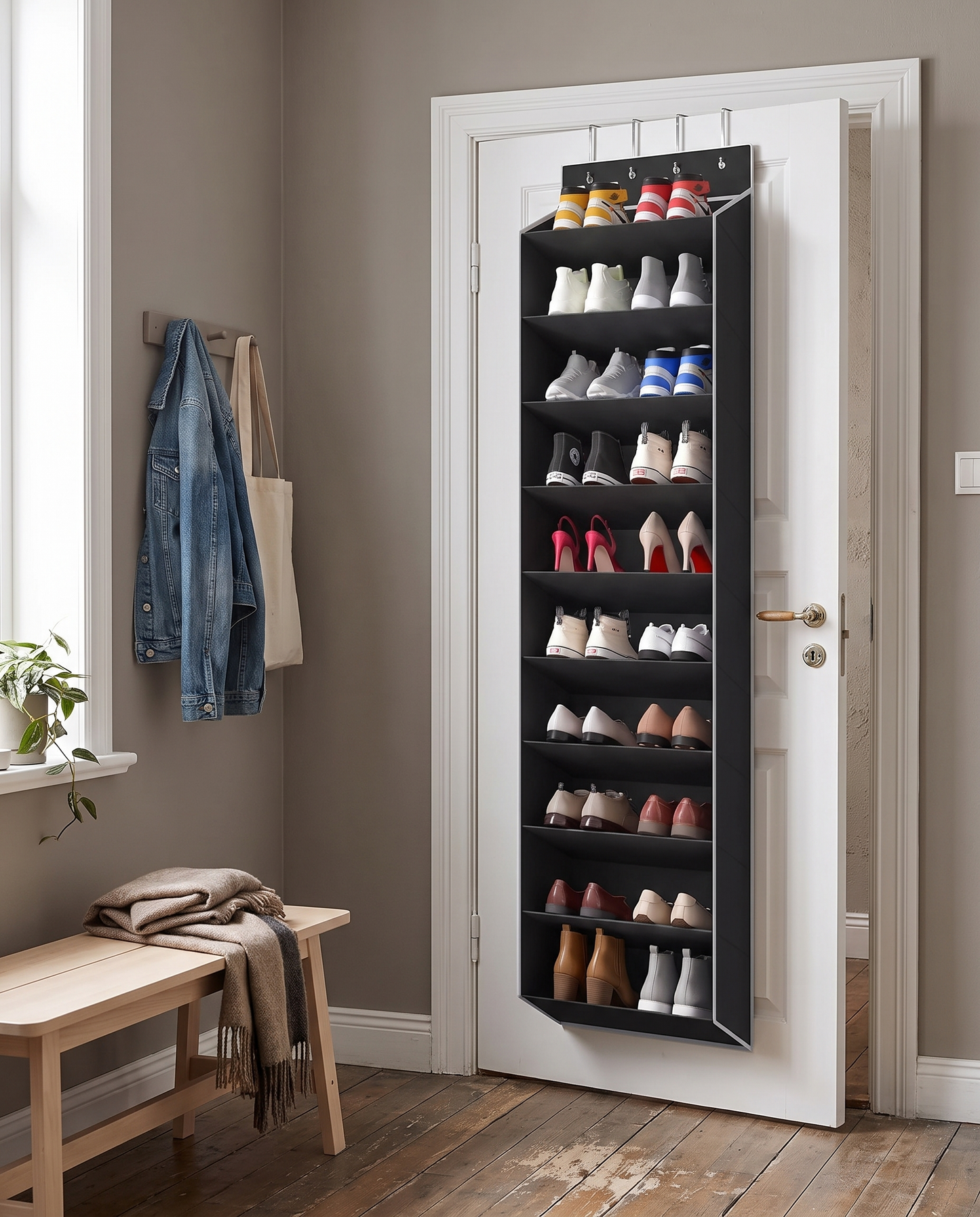 10-Tier Over-Door Shoe Organizer in a practical small-space lifestyle setting