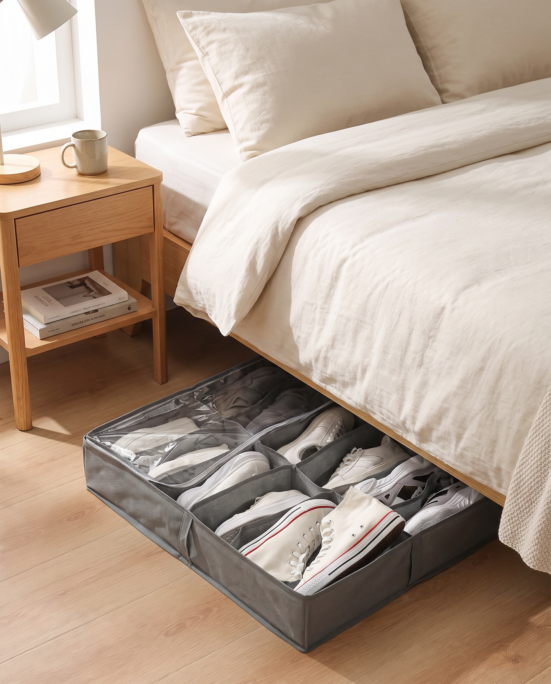 12-Compartment Foldable Under-Bed Shoe Organizer in a practical small-space lifestyle setting