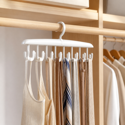 White 12-hook rotating closet hanger organizing neutral accessories in a modern wardrobe