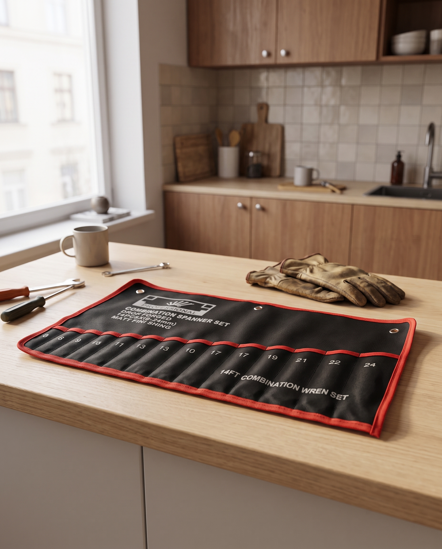 14-Pocket Portable Tool Roll Organizer in a practical small-space lifestyle setting