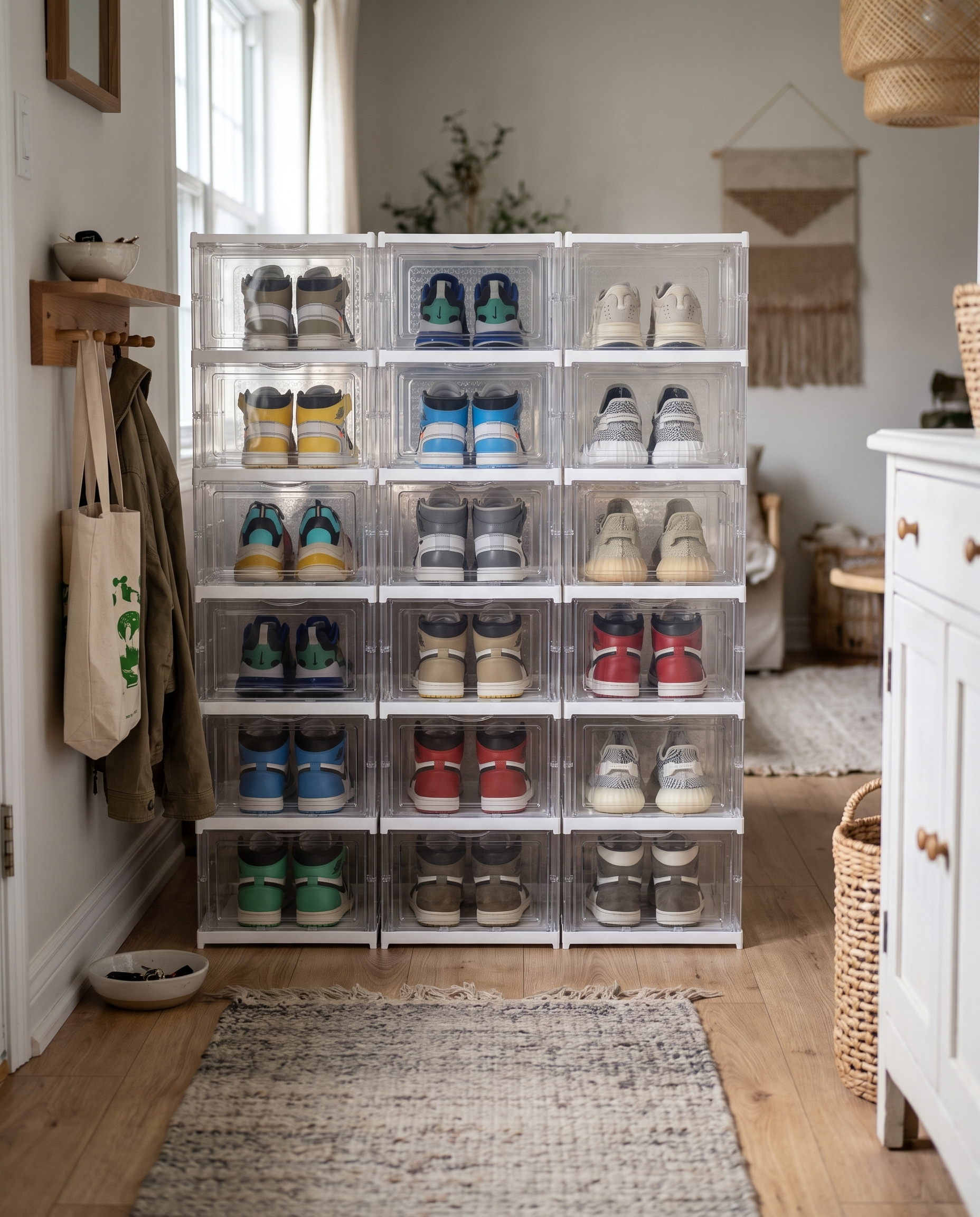 6-Tier Foldable Stackable Shoe Organizer in a practical small-space lifestyle setting