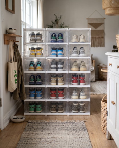 6-Tier Foldable Stackable Shoe Organizer in a practical small-space lifestyle setting