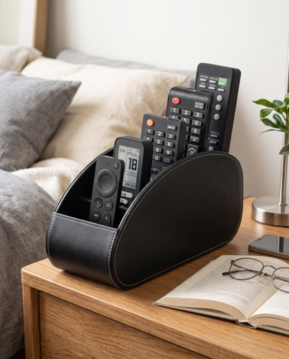 Remote Control & Bedside Organizer Tray in a practical small-space lifestyle setting